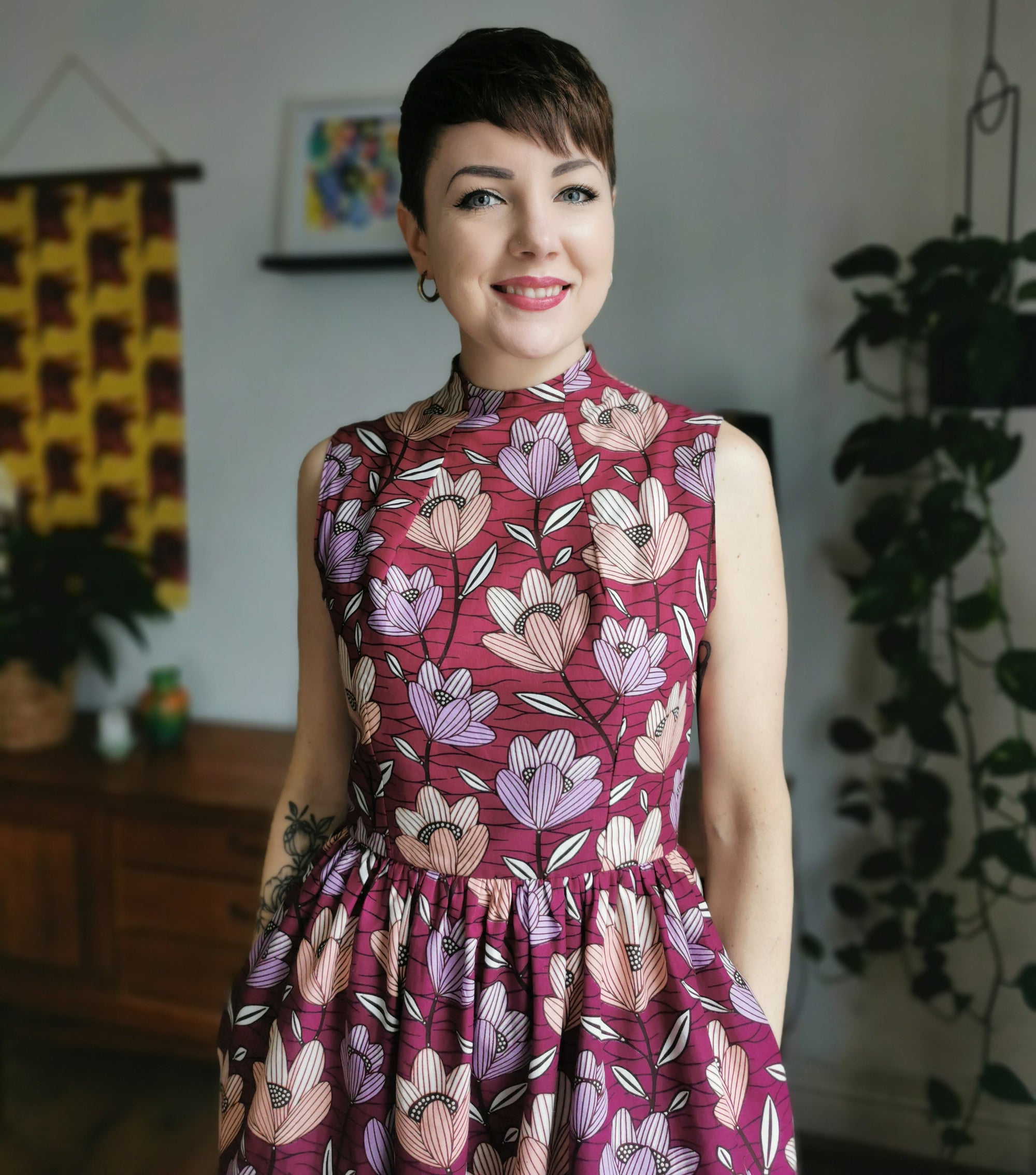 Alice wearing the ‘Camille’ dress using the book ‘Sewing With African Wax Print Fabric’ by Adaku Parker made from the  African Wax print from Dovetailed London.