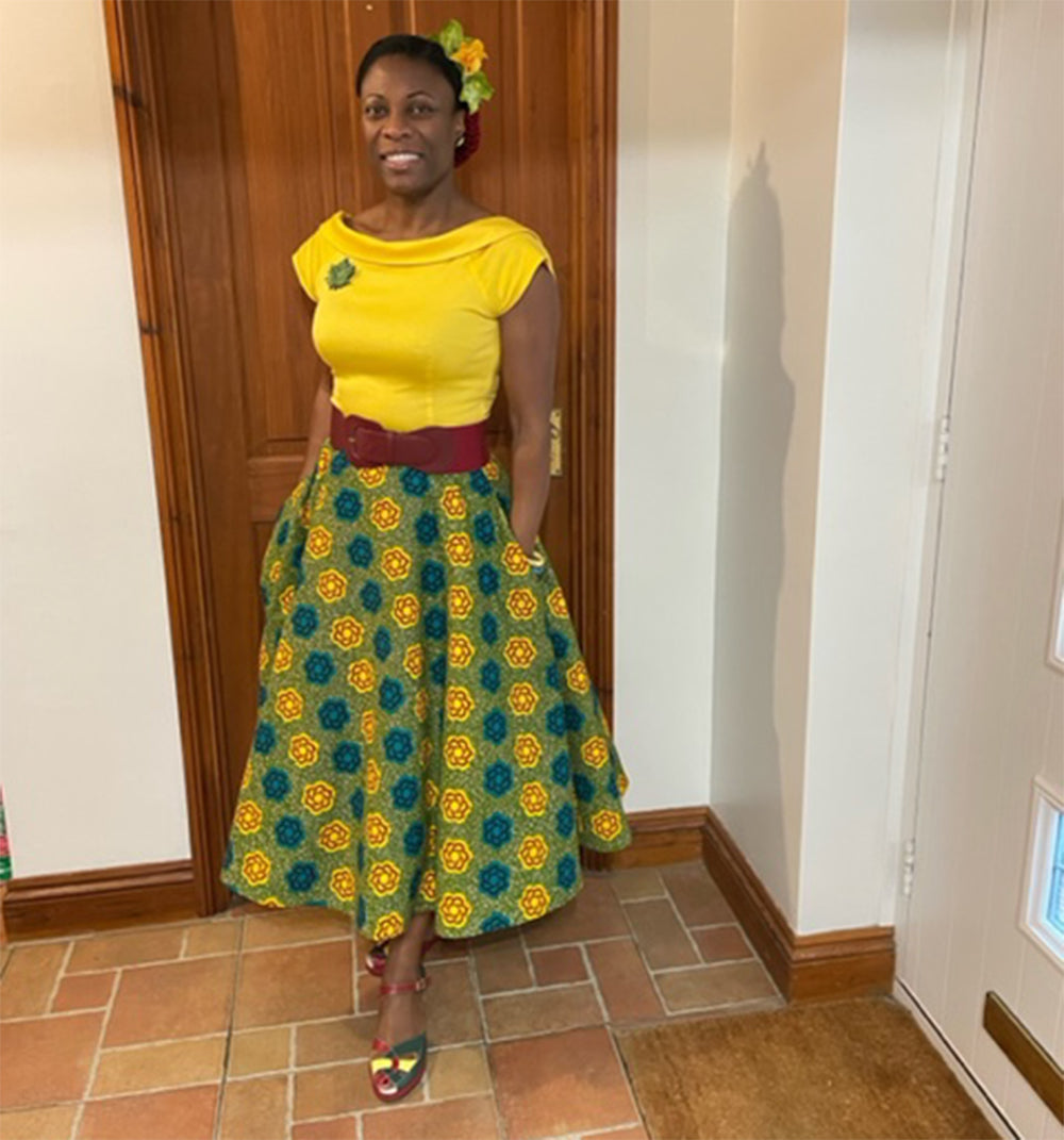 Yana wearing the ‘Christie Circle Skirt’ using the book ‘Sewing With African Wax Print Fabric’ by Adaku Parker made from the  African Wax print from Dovetailed London.