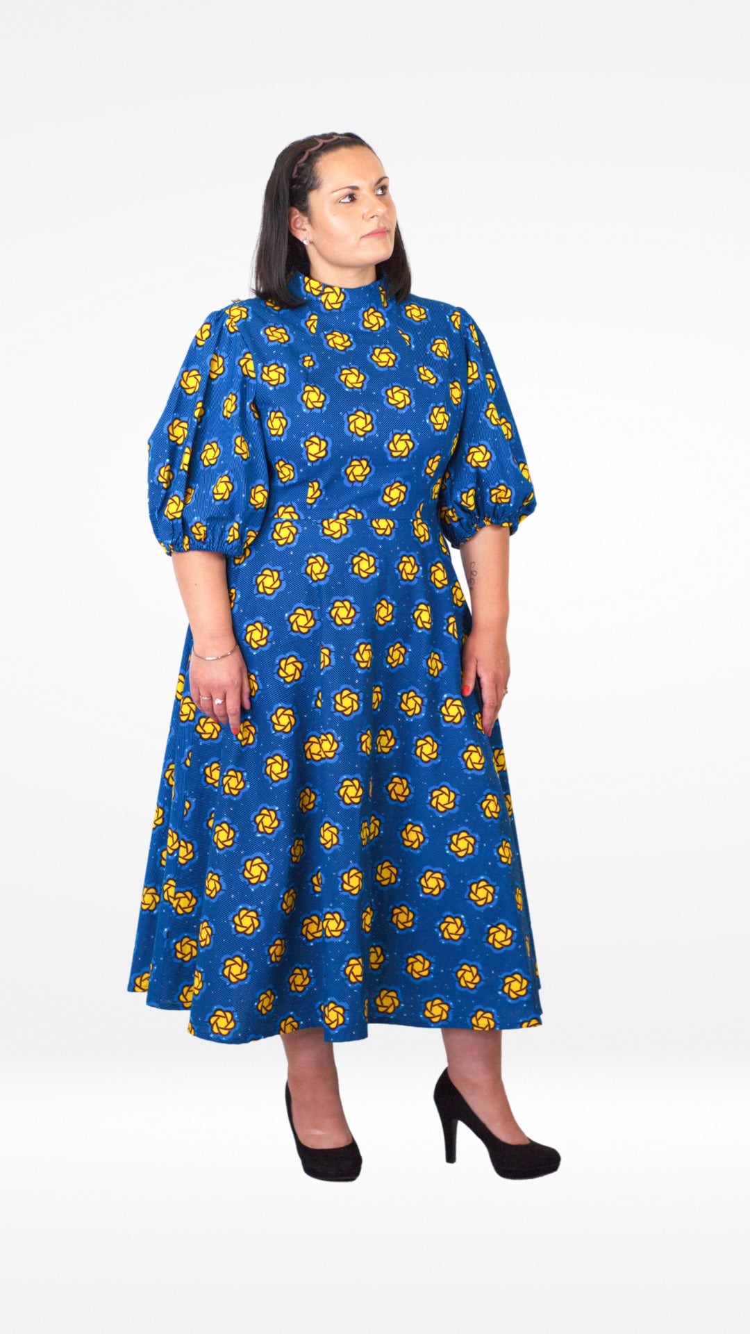 Camille African Print Puff Sleeve Dress Blue