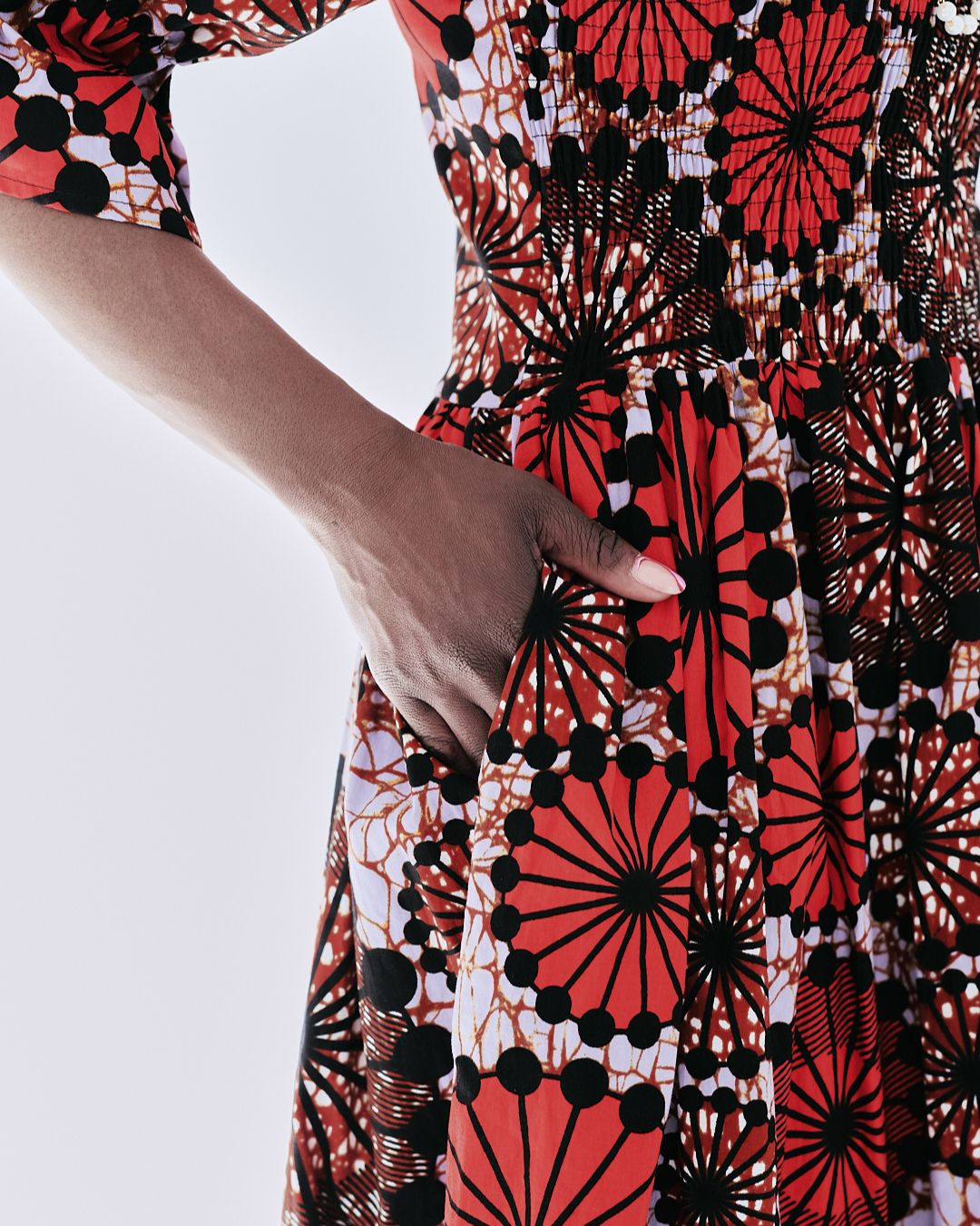 The Ultimate Amaka Red Bloom African Print Smocked Midi Dress Ankara Flared Dress Pockets