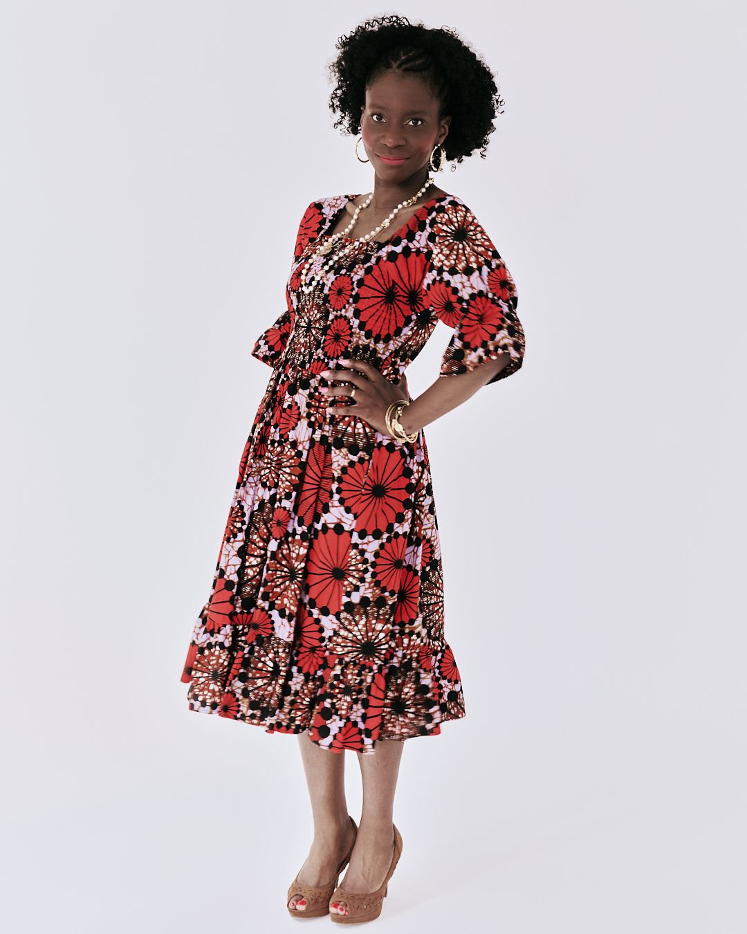 The Ultimate Amaka Red Bloom African Print Smocked Midi Dress Ankara Flared Dress Pockets
