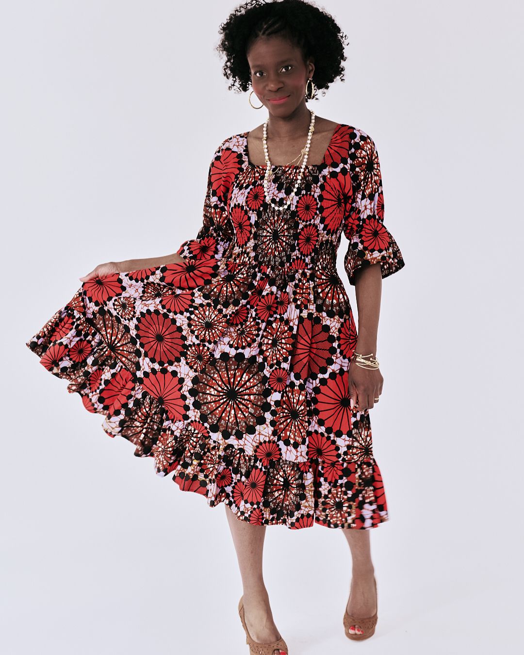 The Ultimate Amaka Red Bloom African Print Smocked Midi Dress Ankara Flared Dress Pockets