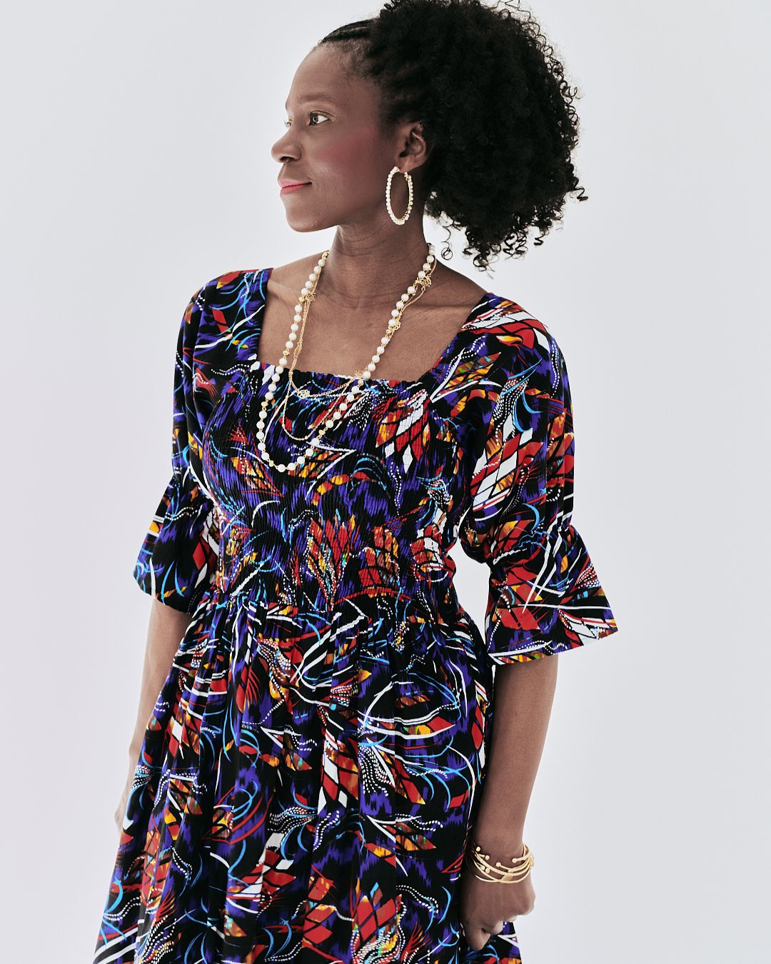 The Ultimate Amaka Twilight Flame African Print Smocked Midi Dress Ankara Flared Dress Pockets
