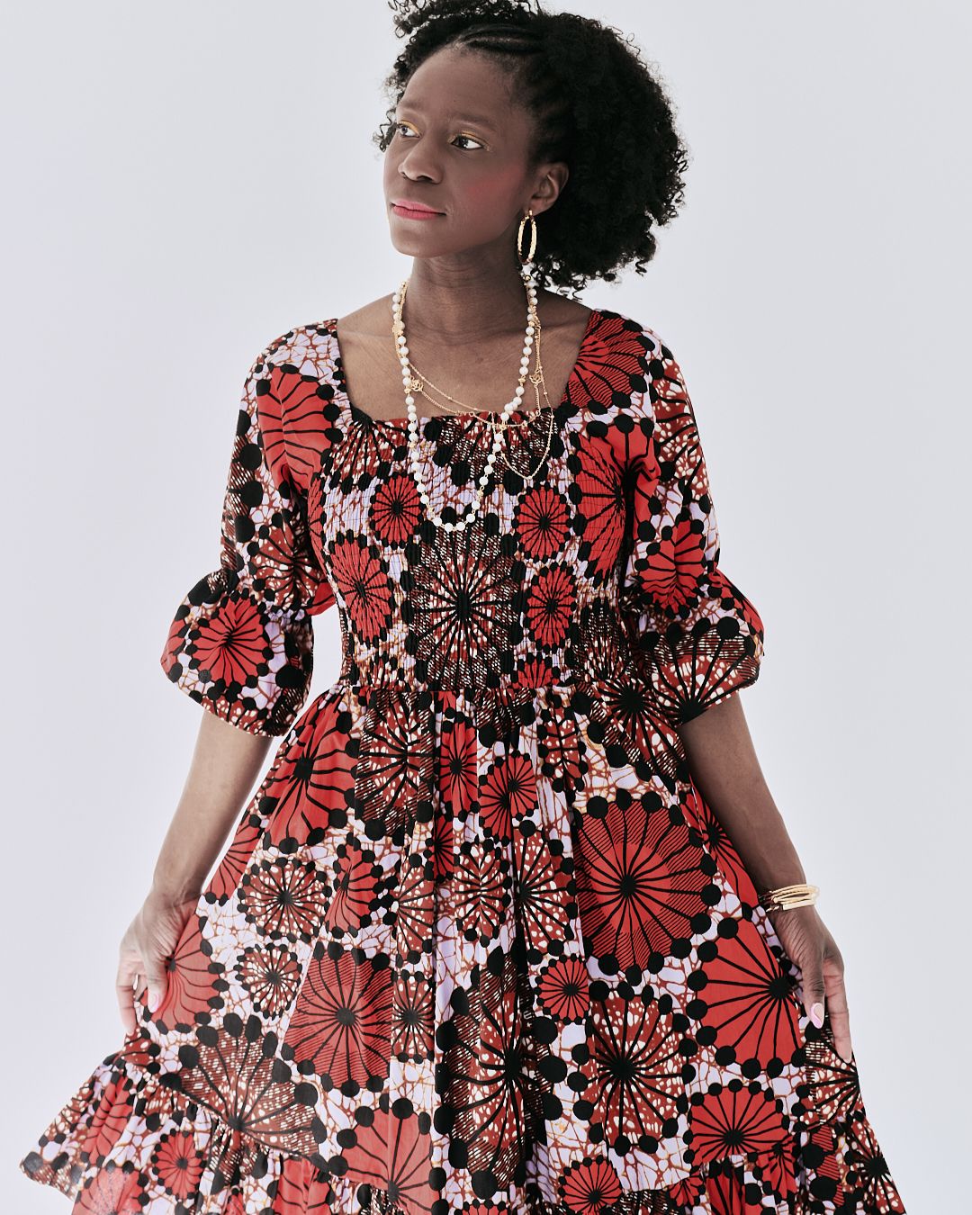 The Ultimate Amaka Red Bloom African Print Smocked Midi Dress Ankara Flared Dress Pockets