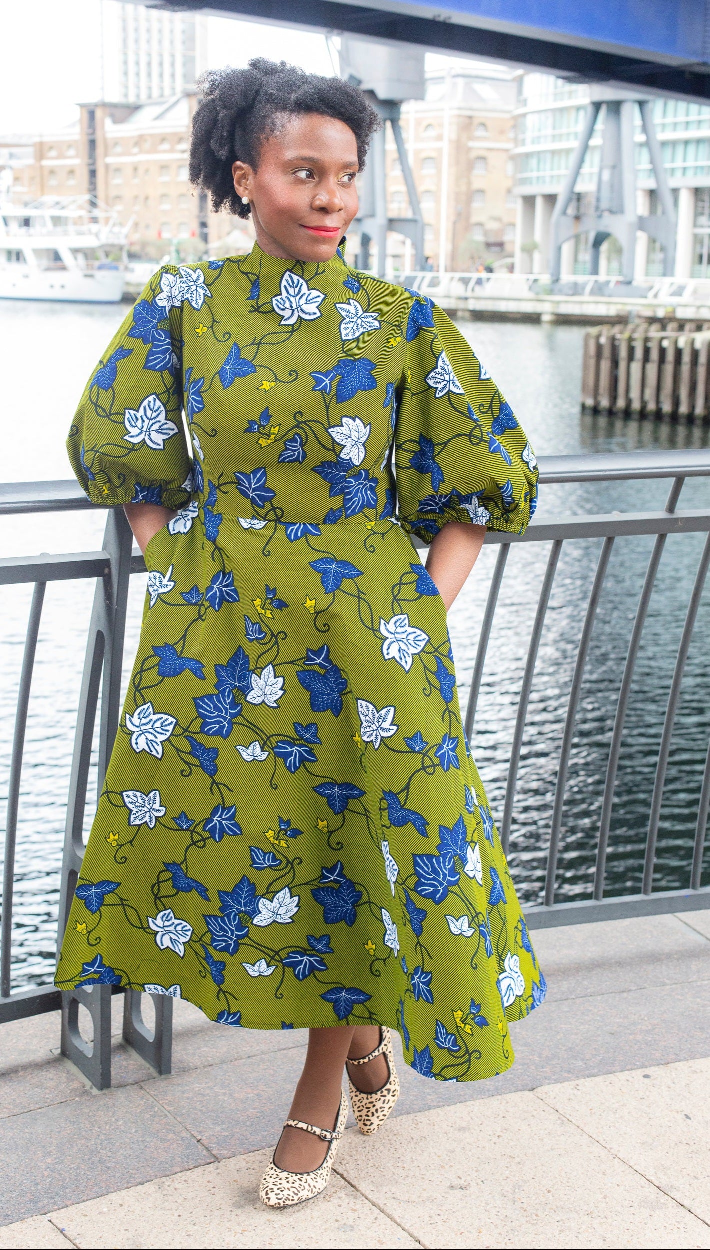 Camille African Print Puff Sleeve Dress Khaki