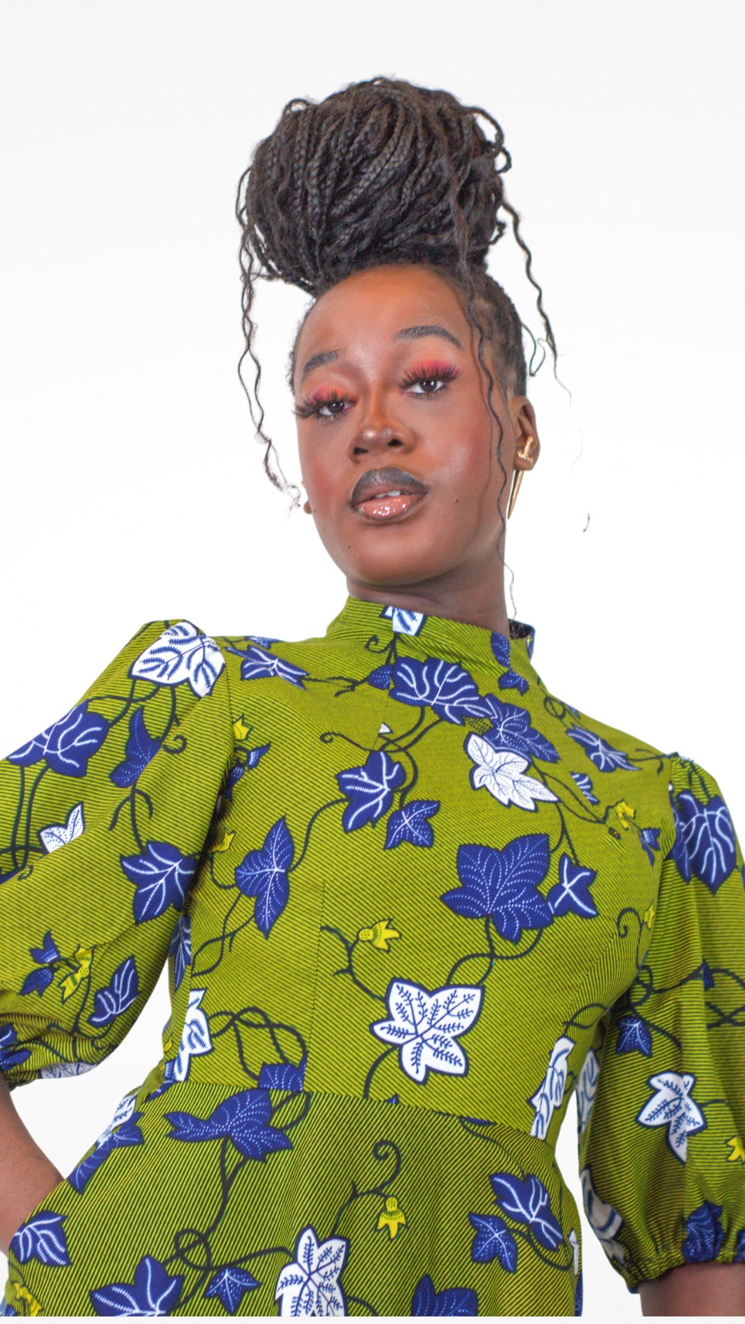 Camille African Print Puff Sleeve Dress Khaki