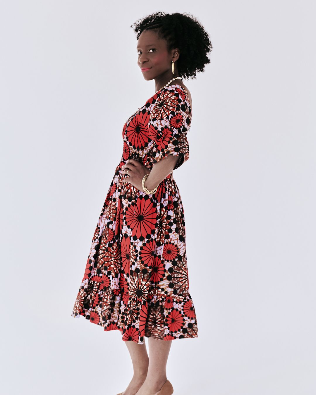 The Ultimate Amaka Red Bloom African Print Smocked Midi Dress Ankara Flared Dress Pockets