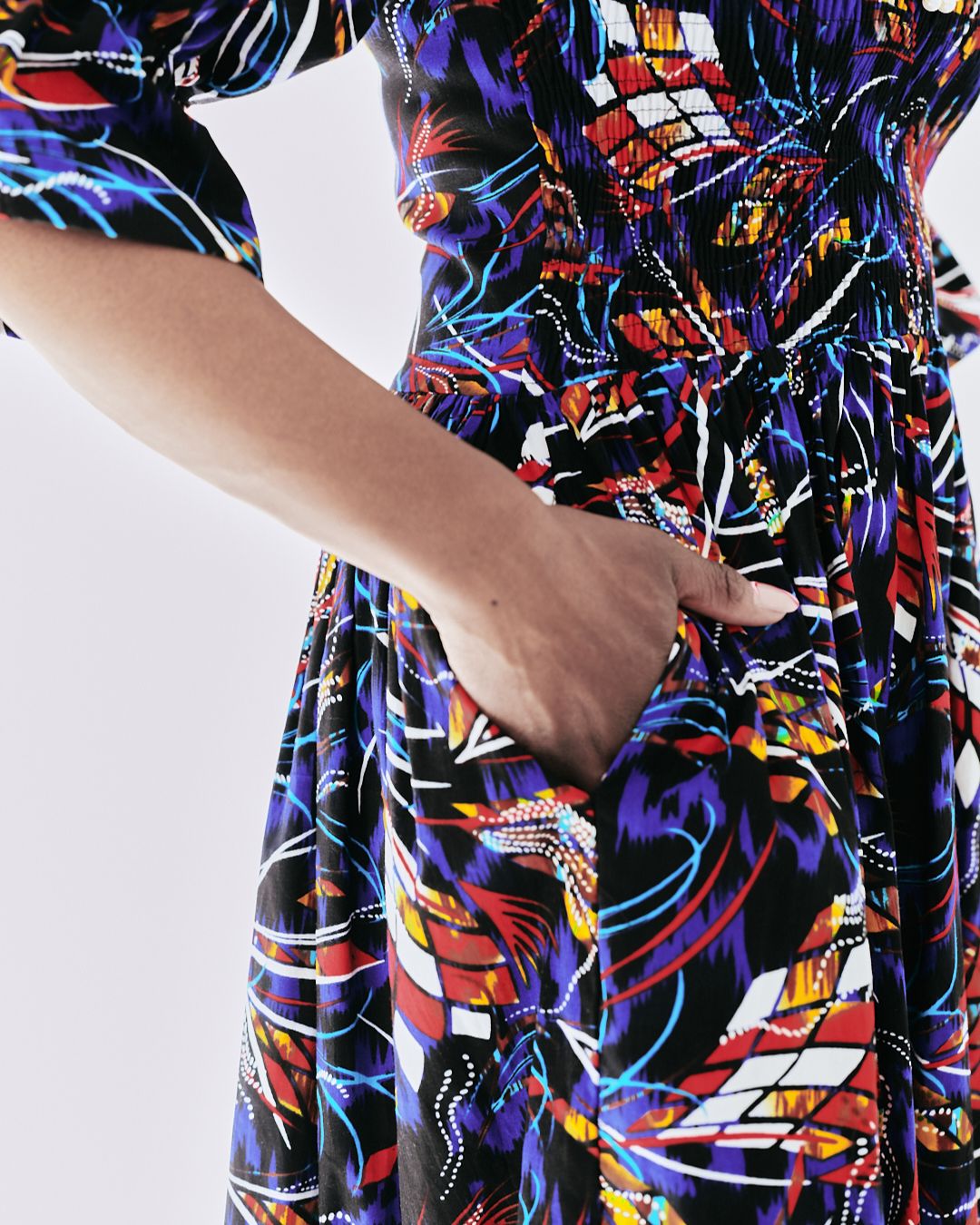 The Ultimate Amaka Twilight Flame African Print Smocked Midi Dress Ankara Flared Dress Pockets