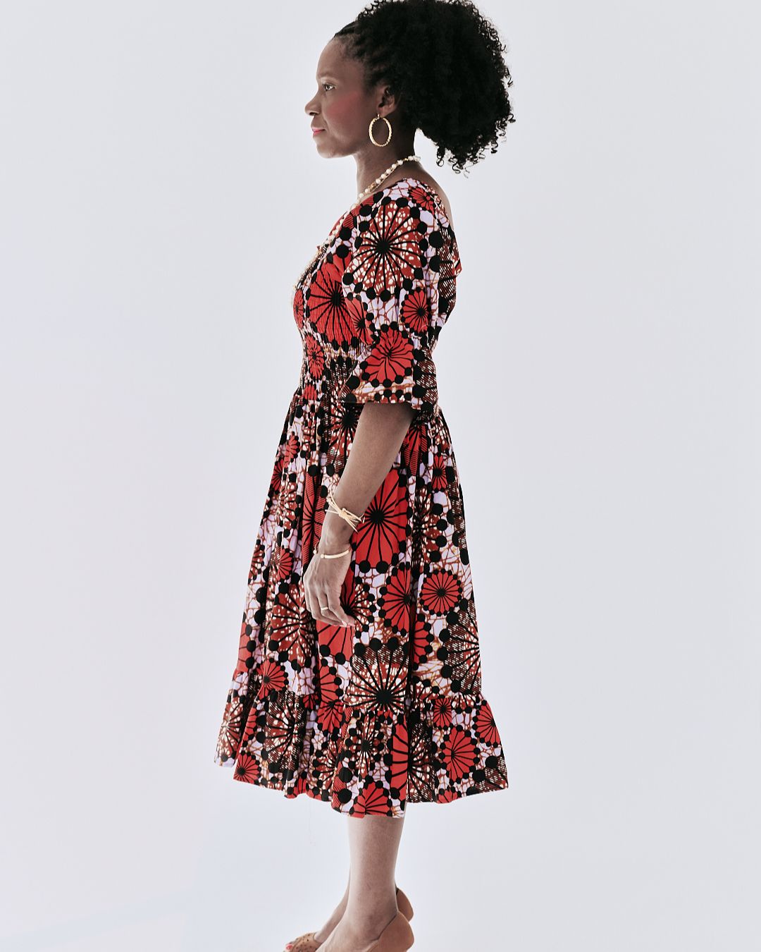 The Ultimate Amaka Red Bloom African Print Smocked Midi Dress Ankara Flared Dress Pockets