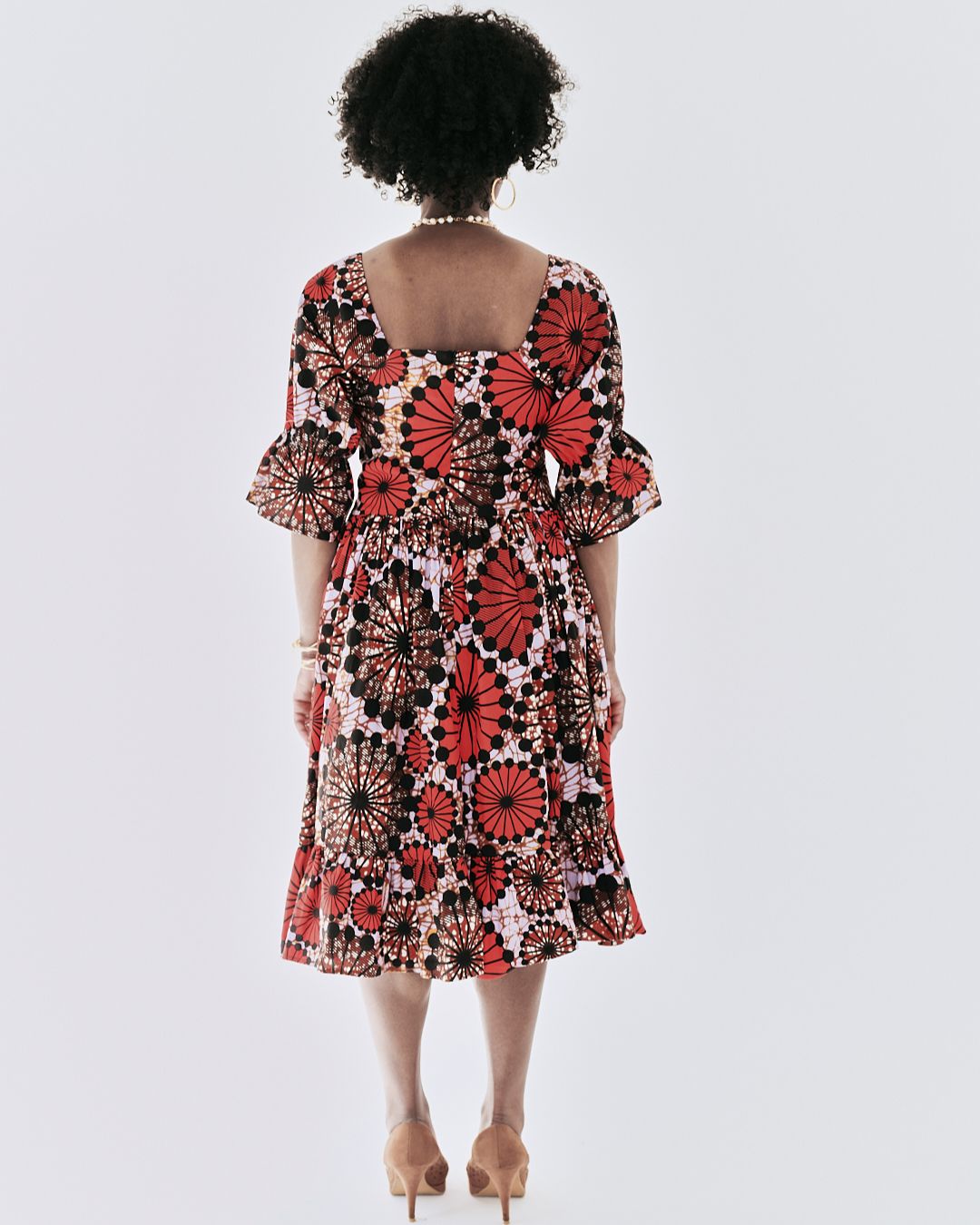 The Ultimate Amaka Red Bloom African Print Smocked Midi Dress Ankara Flared Dress Pockets
