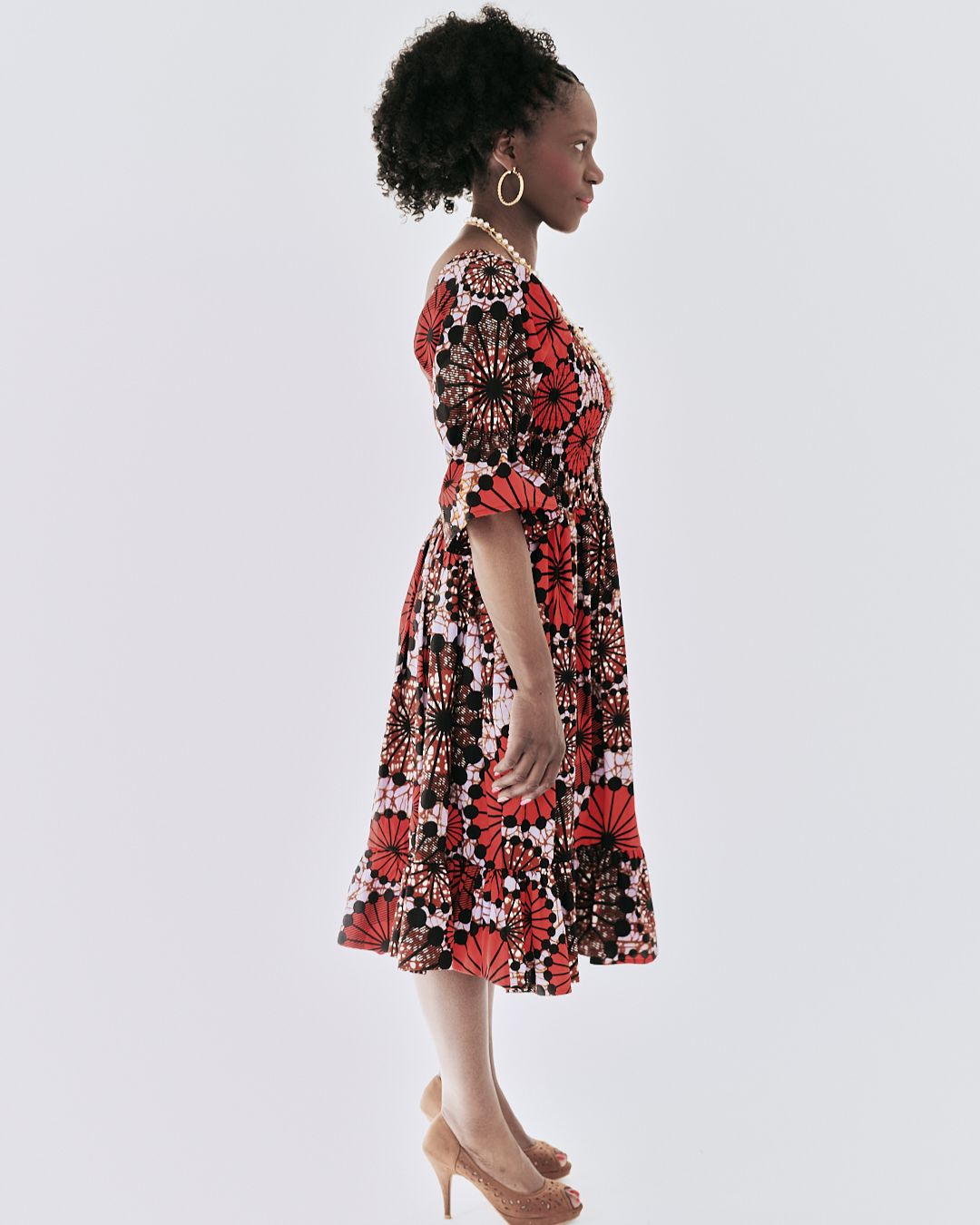 The Ultimate Amaka Red Bloom African Print Smocked Midi Dress Ankara Flared Dress Pockets