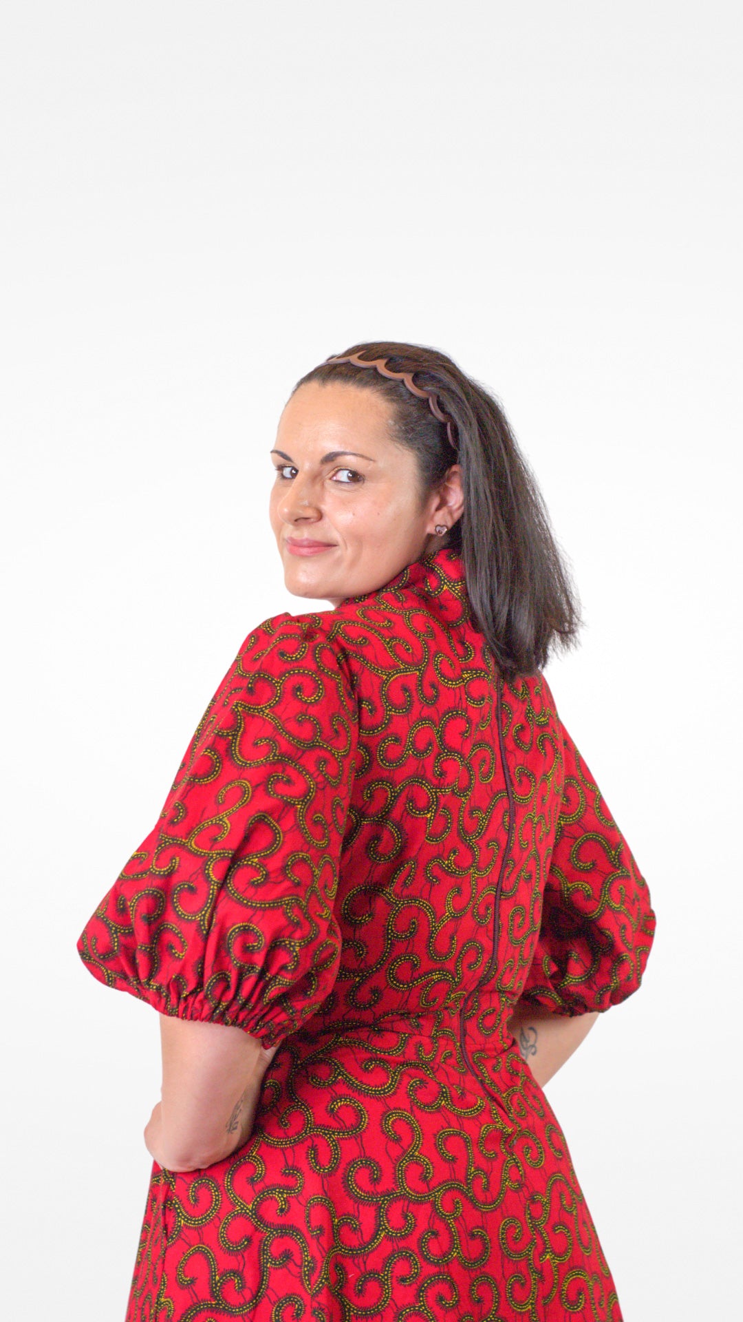 Camille African Print Puff Sleeve Dress Red