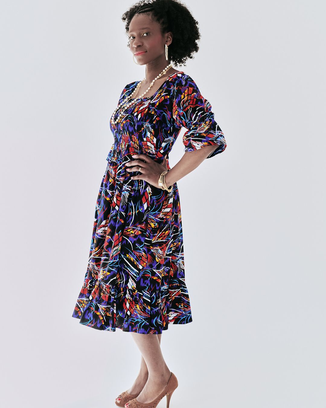 The Ultimate Amaka Twilight Flame African Print Smocked Midi Dress Ankara Flared Dress Pockets