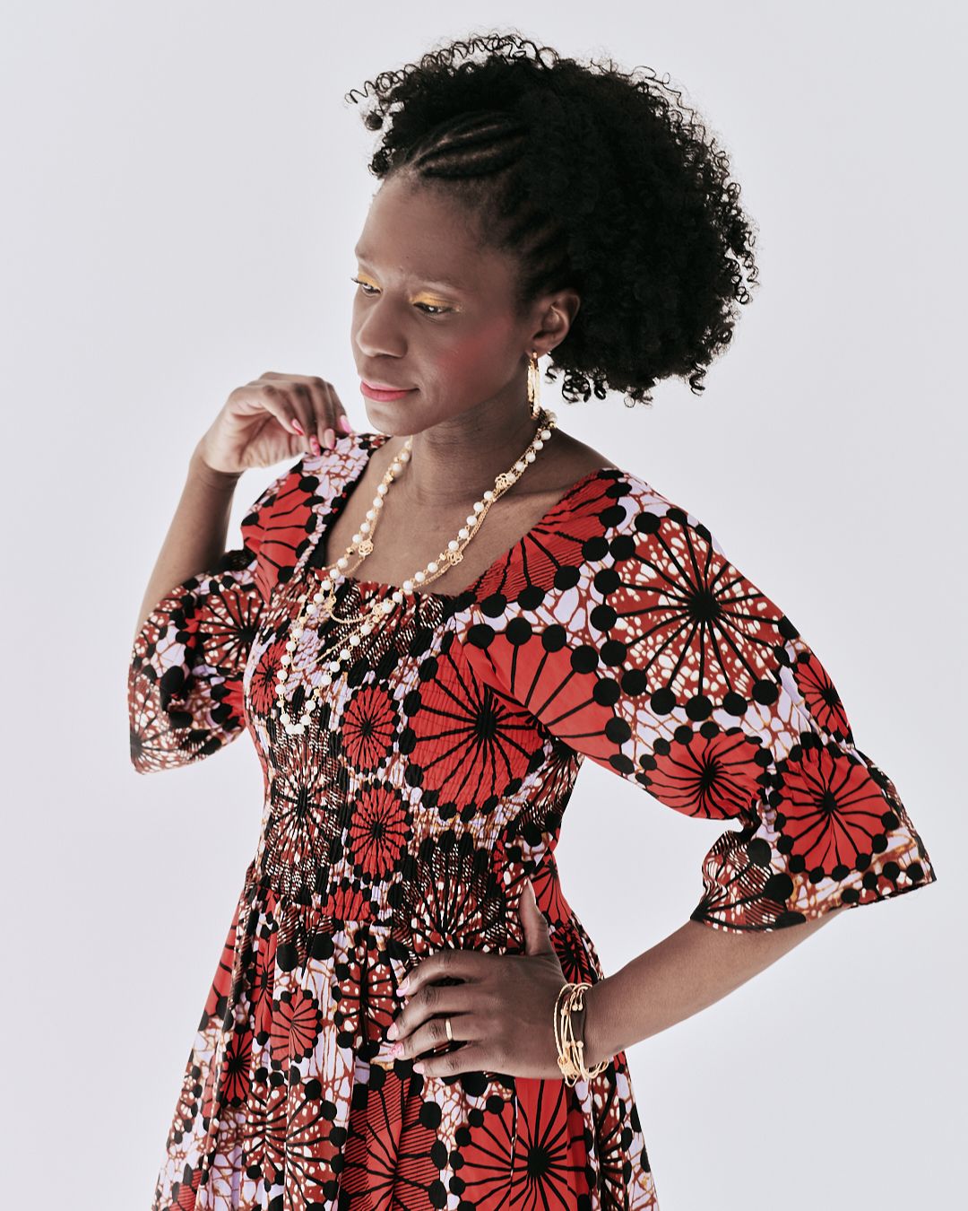 The Ultimate Amaka Red Bloom African Print Smocked Midi Dress Ankara Flared Dress Pockets