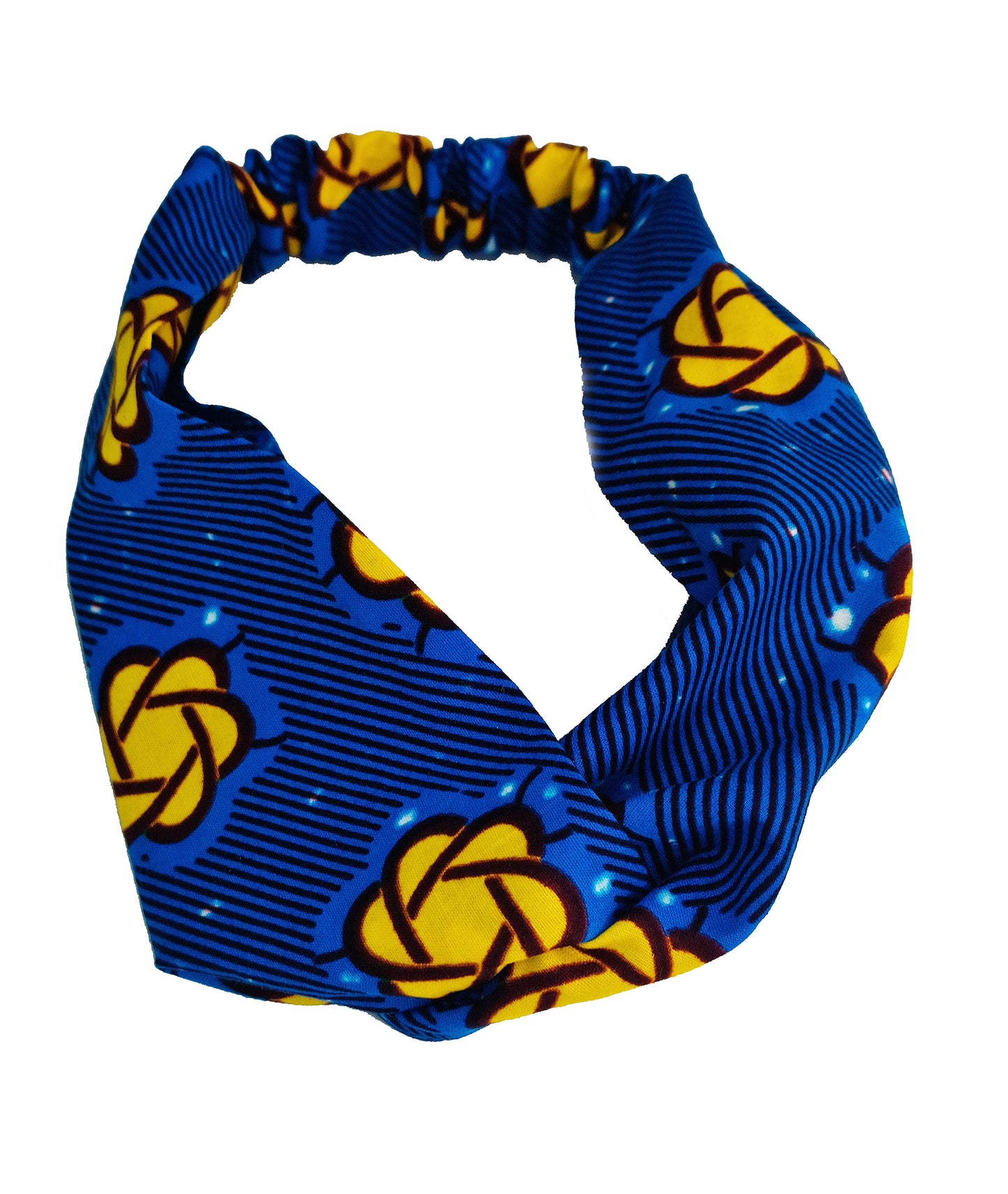 A blue headband with yellow flowers on a white background.