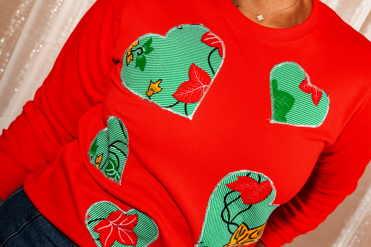 African Print Ankara Red Hearts Cotton-Blend Sweatshirt