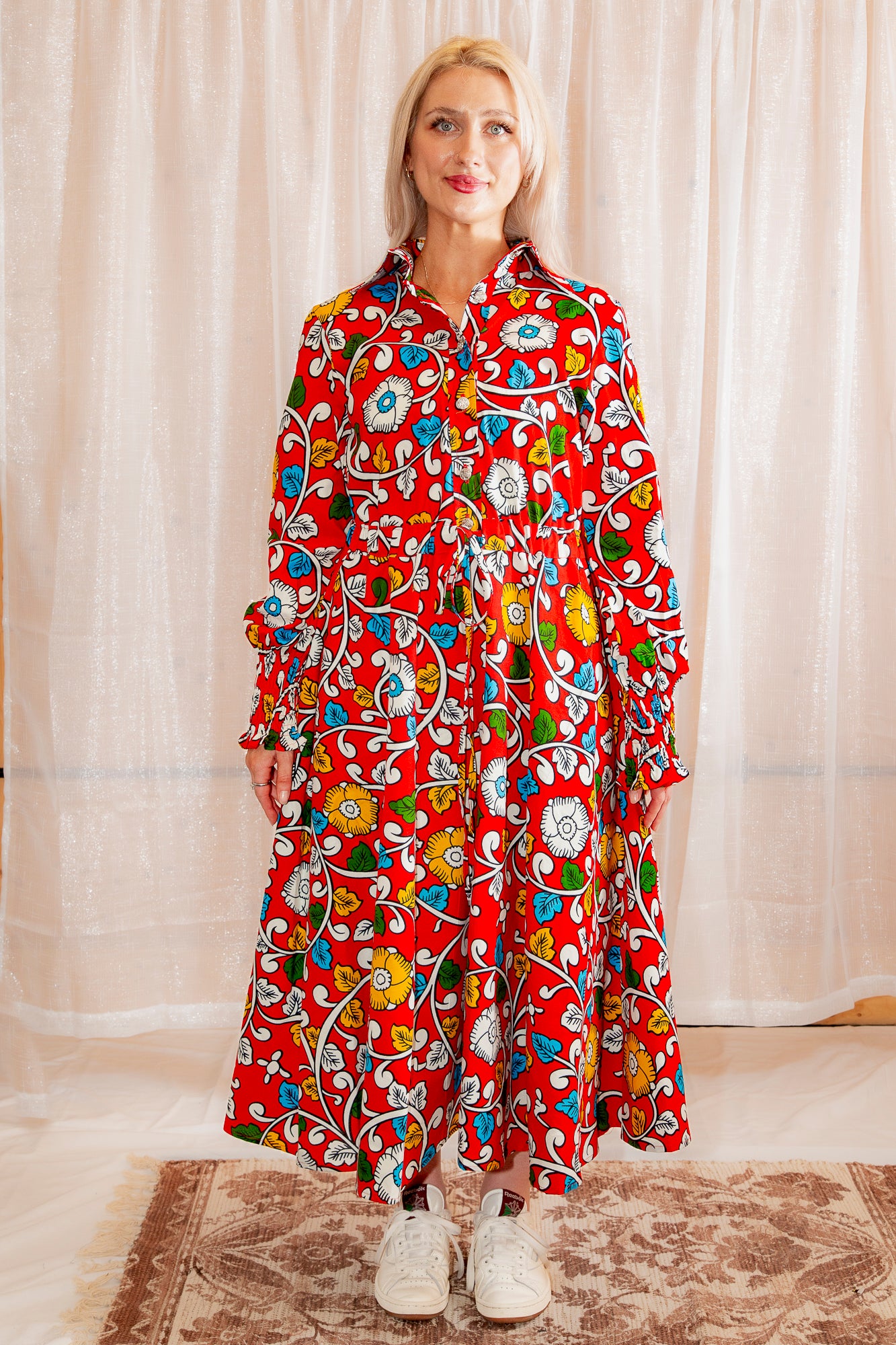 A model posing in Onyeka African Print Shirt Dress in Red Ankara Dress Clothes collection
