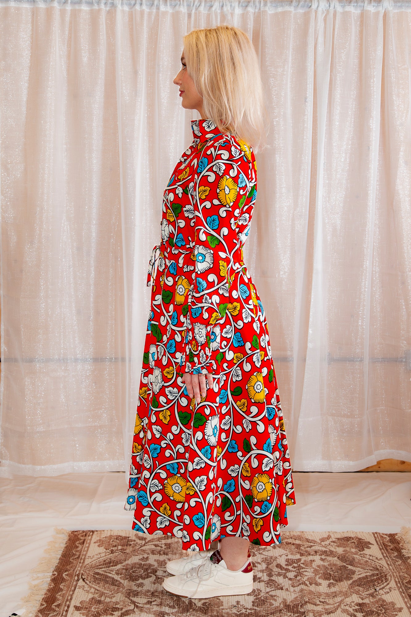 A model posing in Onyeka African Print Shirt Dress in Red Ankara Dress Clothes collection