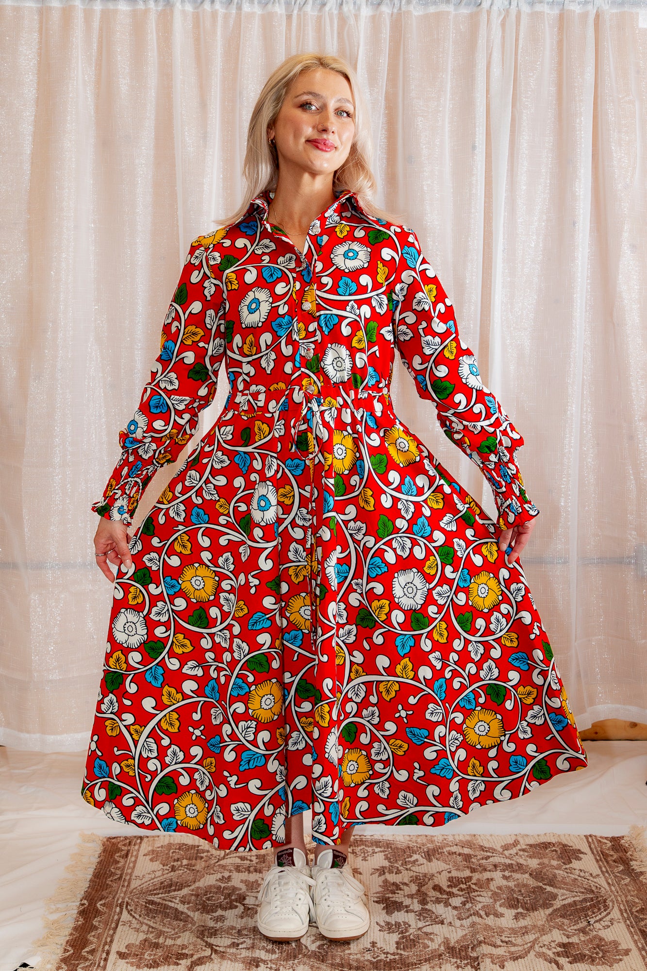 A model posing in Onyeka African Print Shirt Dress in Red Ankara Dress Clothes collection