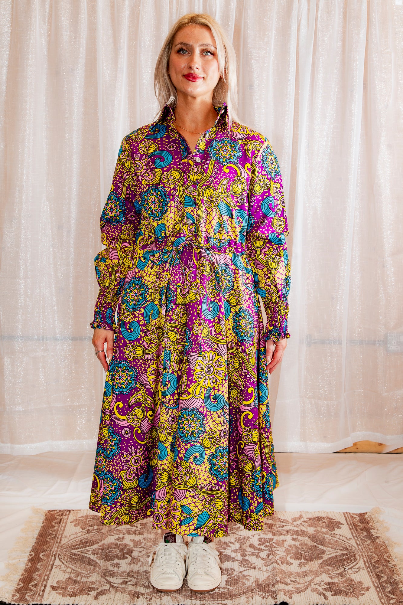 Model posing in Onyeka African Print Shirt Dress Purple Ankara Dress Clothes