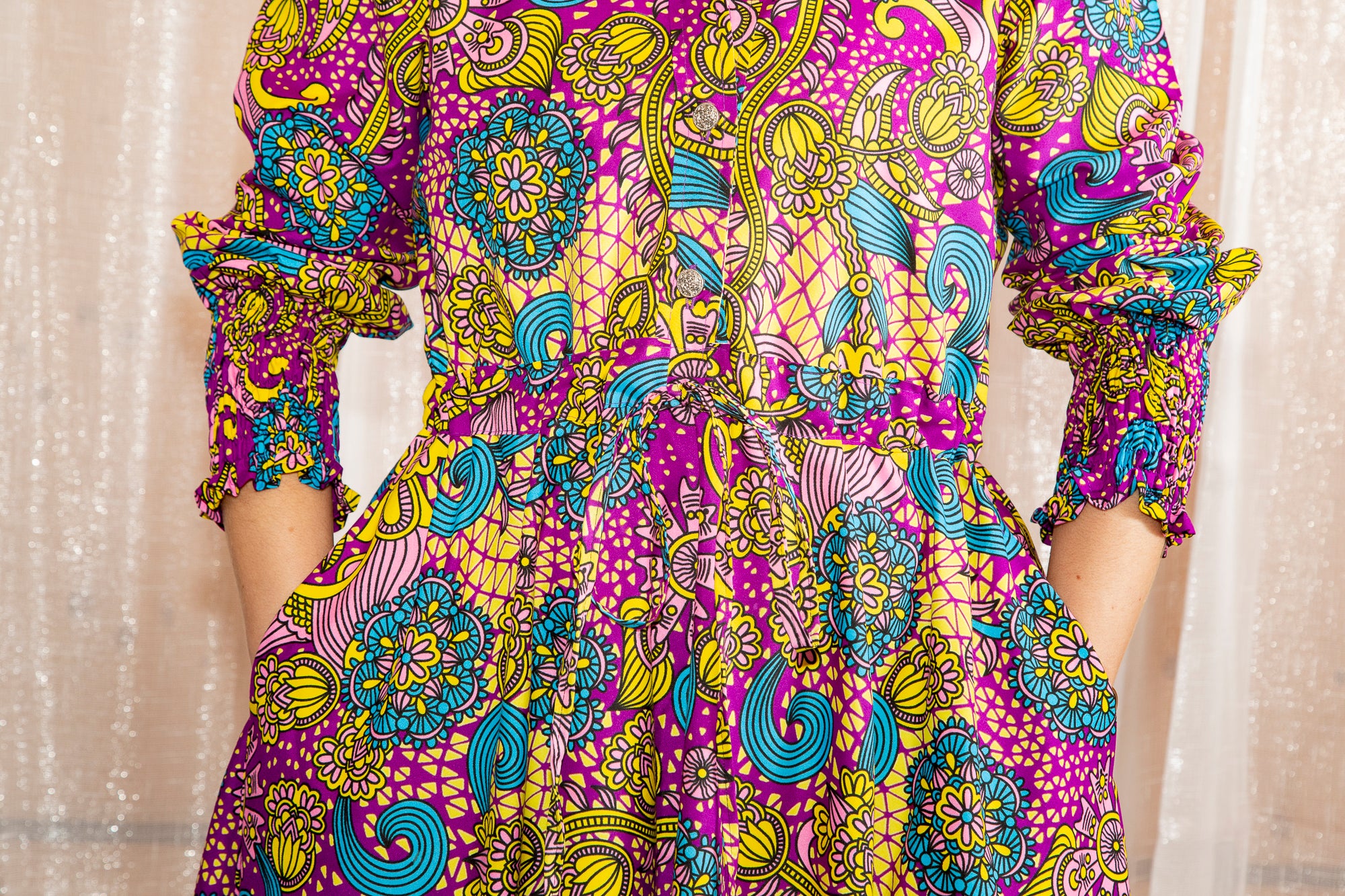 close up of Onyeka African Print Shirt Dress in Purple