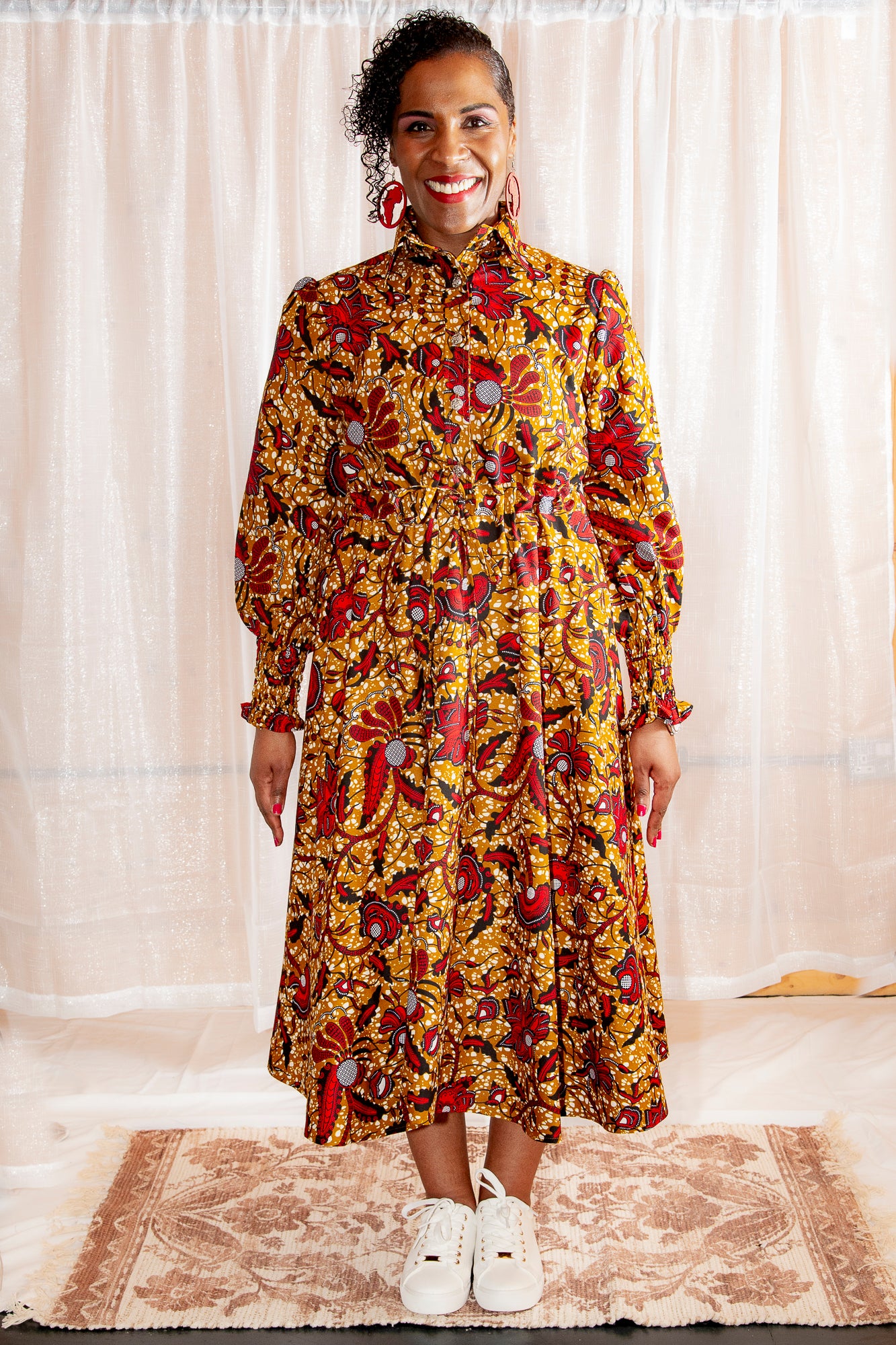 Onyeka African Print Shirt Dress in Brown Ankara Dress paired with white trainers