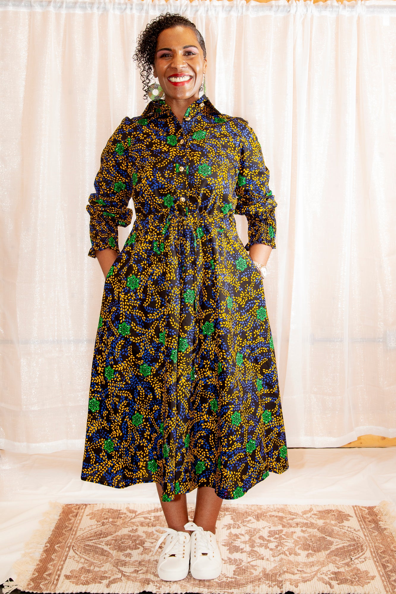 A model posing Onyeka African Print Shirt Dress Black Ankara Dress Clothes