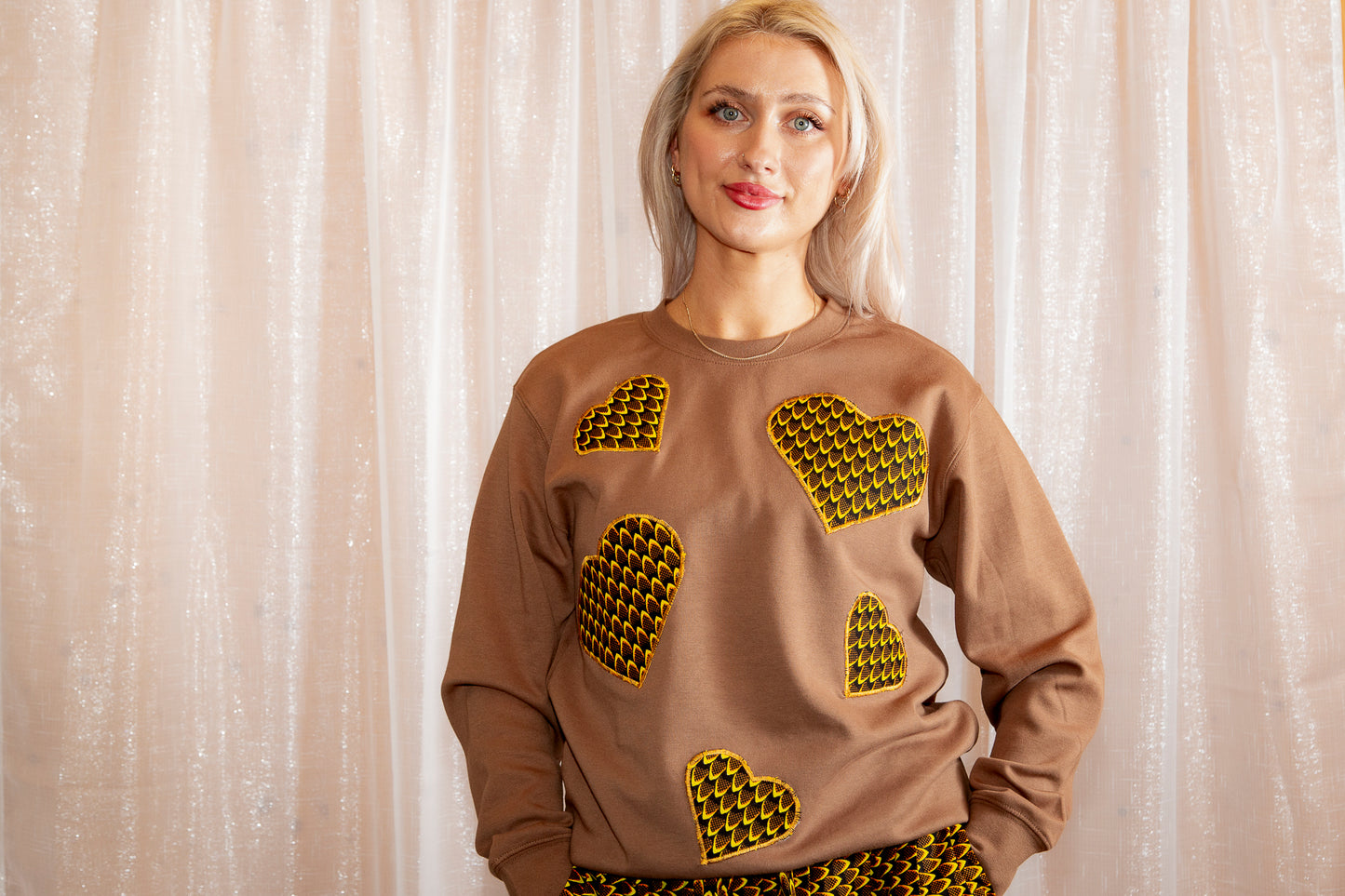 African Print Ankara Brown Hearts Cotton-Blend Sweatshirt