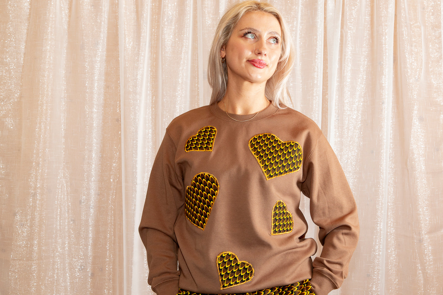 African Print Ankara Brown Hearts Cotton-Blend Sweatshirt