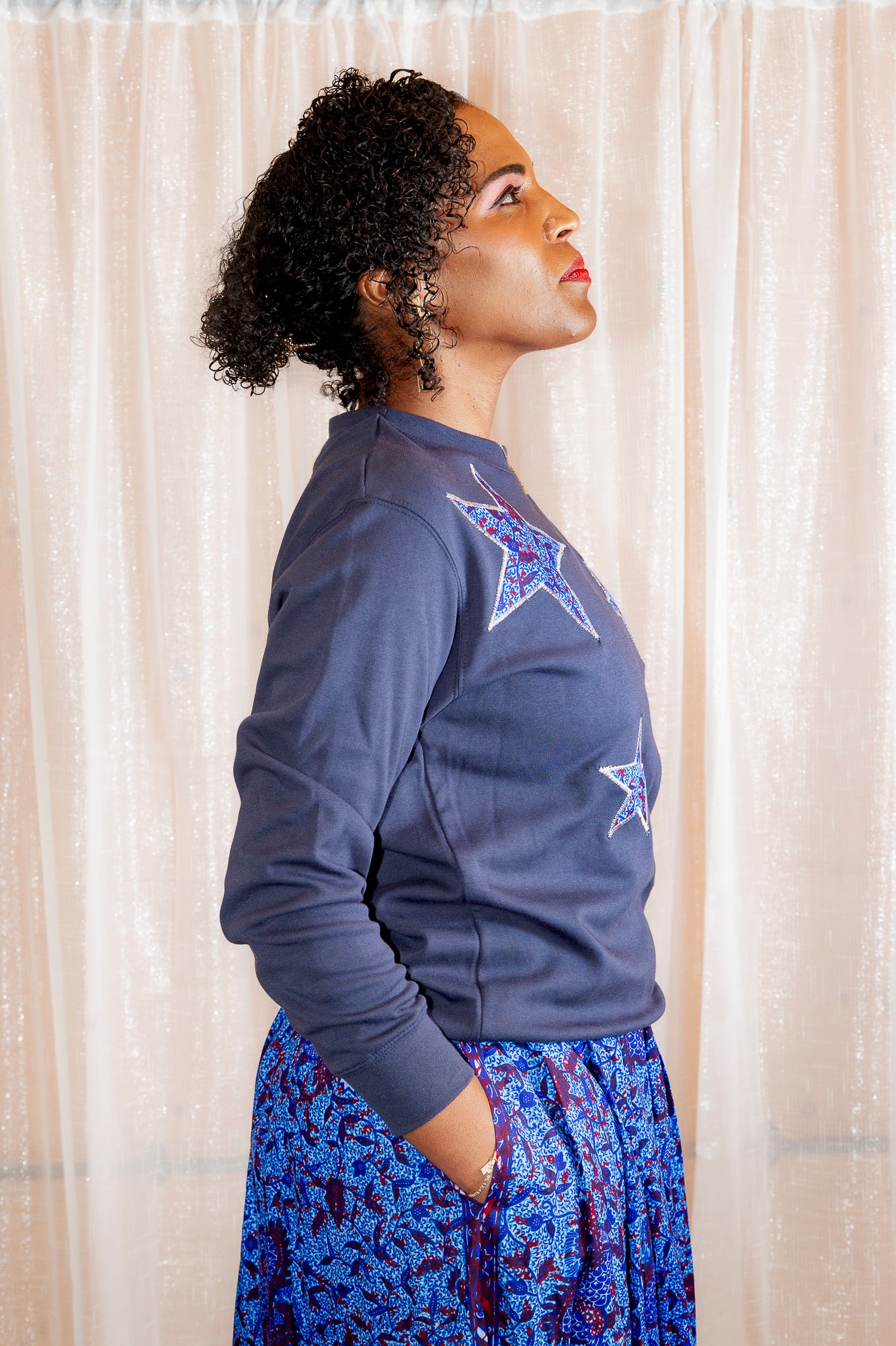 African Print Ankara Blue Stars Cotton-Blend Sweatshirt