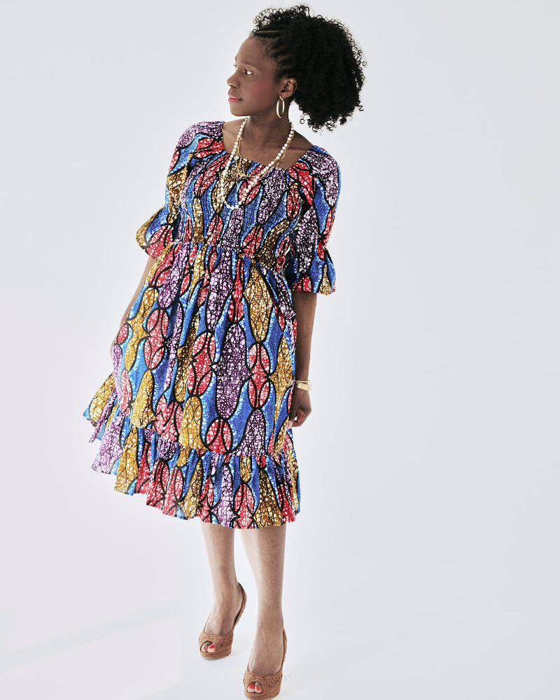 The Ultimate Amaka Molten Leaf African Print Smocked Midi Dress Ankara Flared Dress Pockets