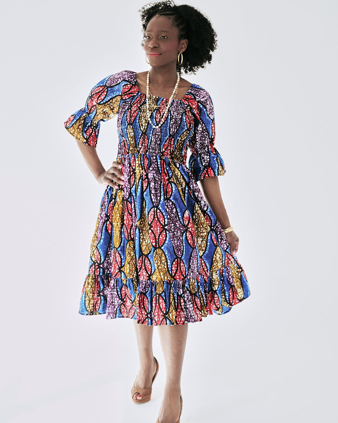 The Ultimate Amaka Molten Leaf African Print Smocked Midi Dress Ankara Flared Dress Pockets