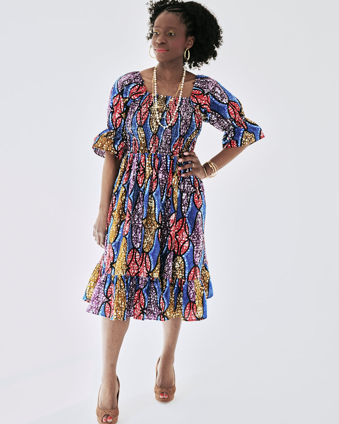 The Ultimate Amaka Molten Leaf African Print Smocked Midi Dress Ankara Flared Dress Pockets