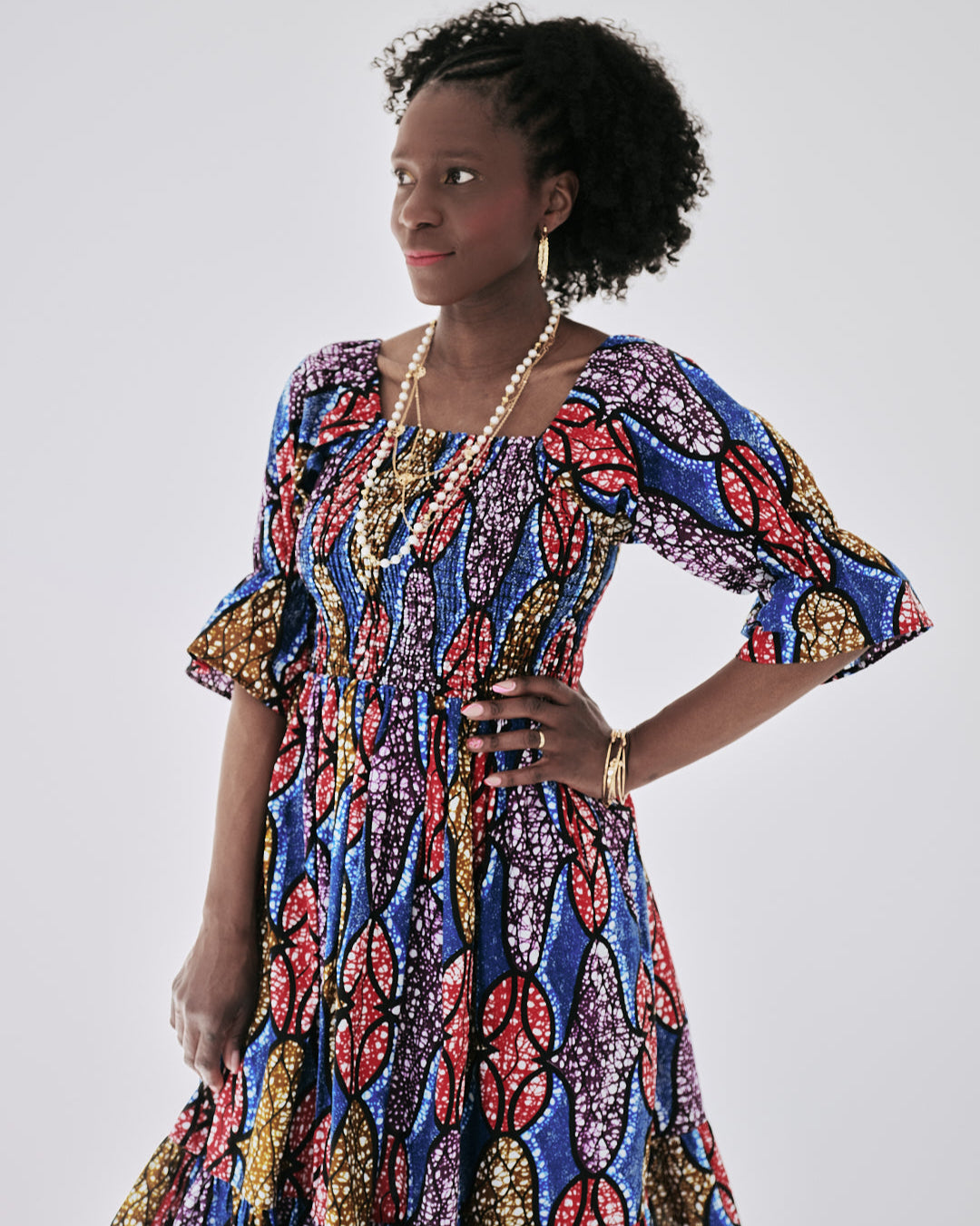 The Ultimate Amaka Molten Leaf African Print Smocked Midi Dress Ankara Flared Dress Pockets