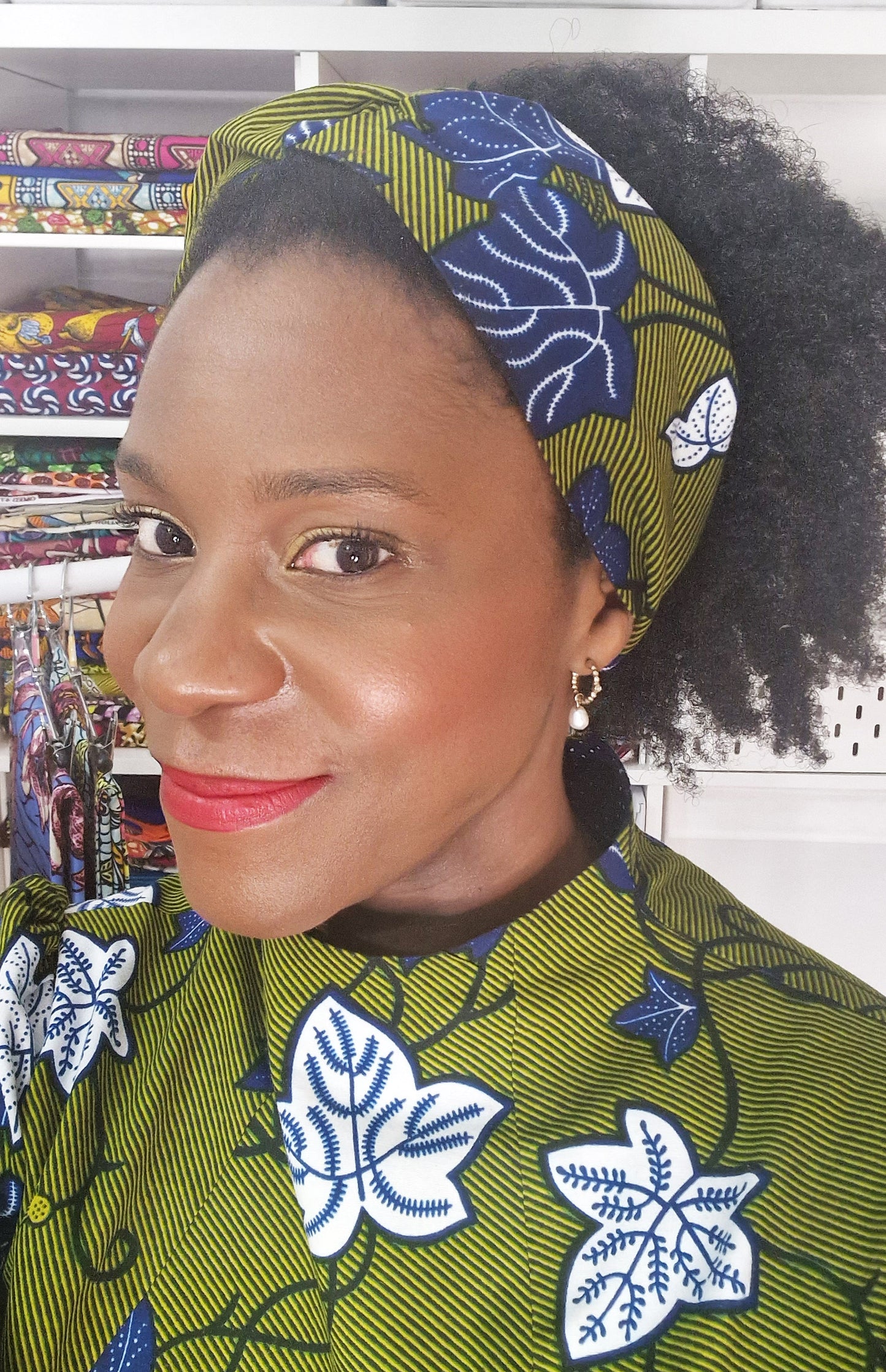 African Print Fabric Handmade Top Knot Headband Green Ankara Cotton Elasticated Stretchy Wide Large by Dovetailed
