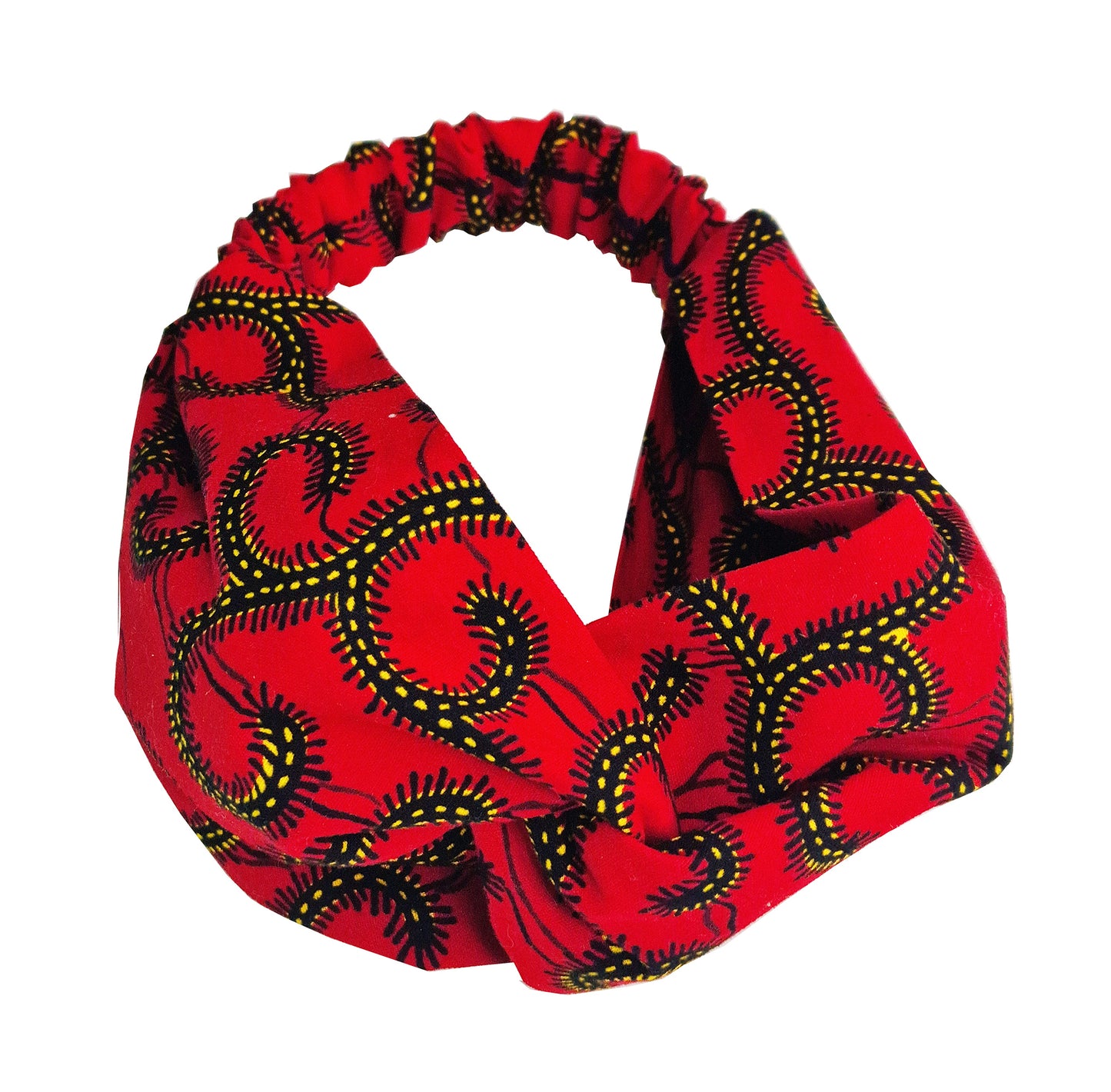 Red headband with yellow swirly elements on a white plain background.