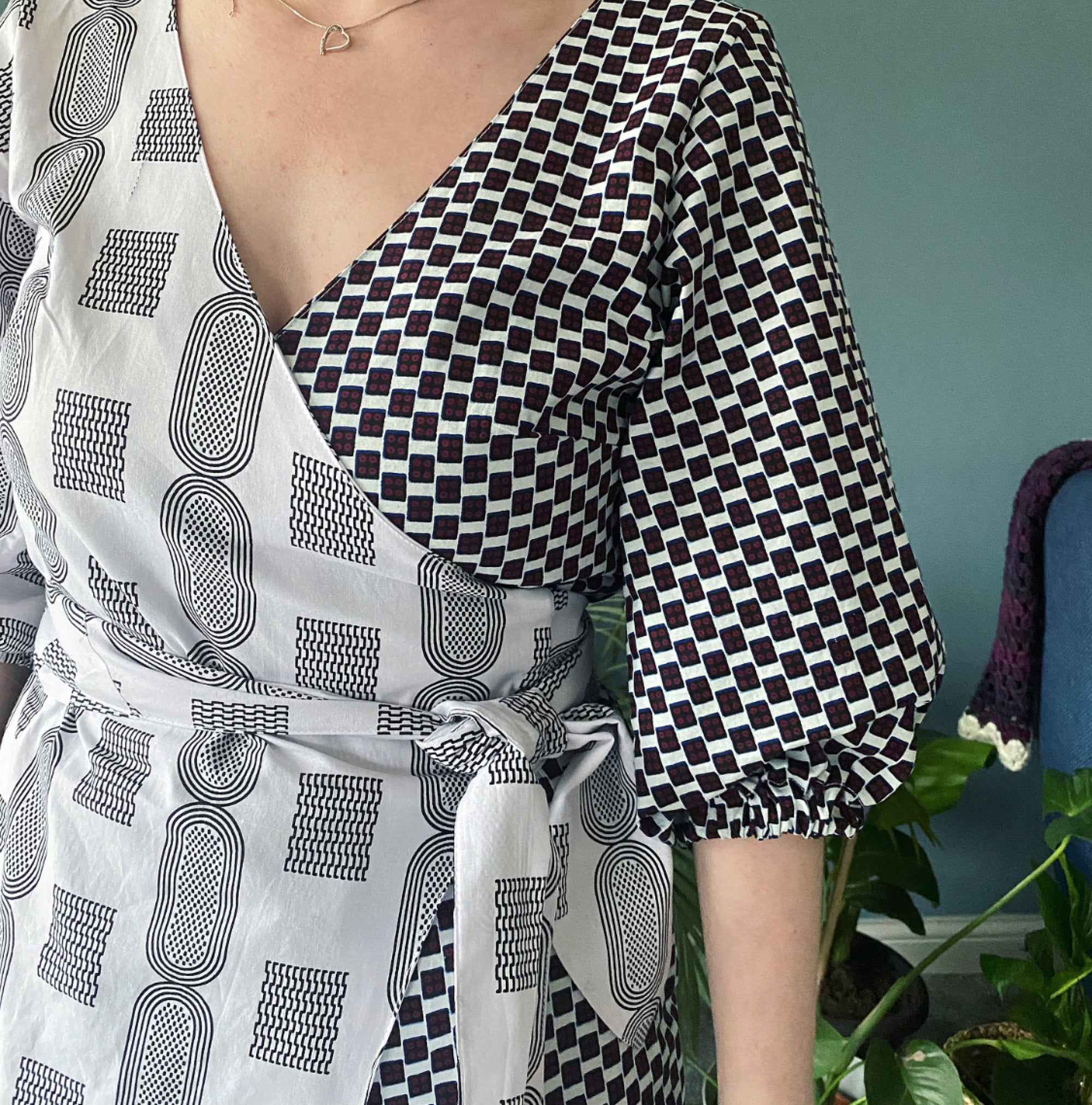 Adelle wearing a self drafted dress in the African wax print 'Sugar' and 'Domino' by Dovetailed London.