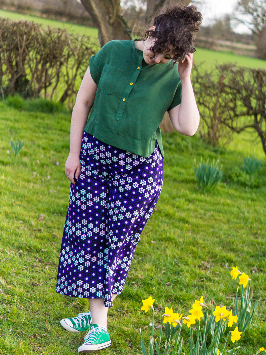 Vicky (sewstainability) wearing the 'Lottie' culottes crafted with African print fabric from Dovetailed London, combining fashion and culture seamlessly
