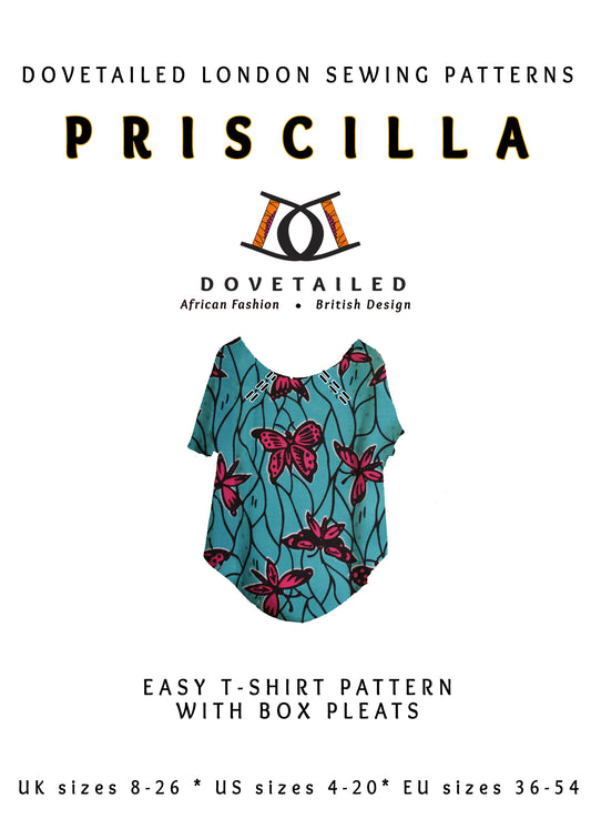 PRISCILLA TEE African wax print sewing pattern Sizes 8 - 26 with box pleats at the neckline finished with bias binding