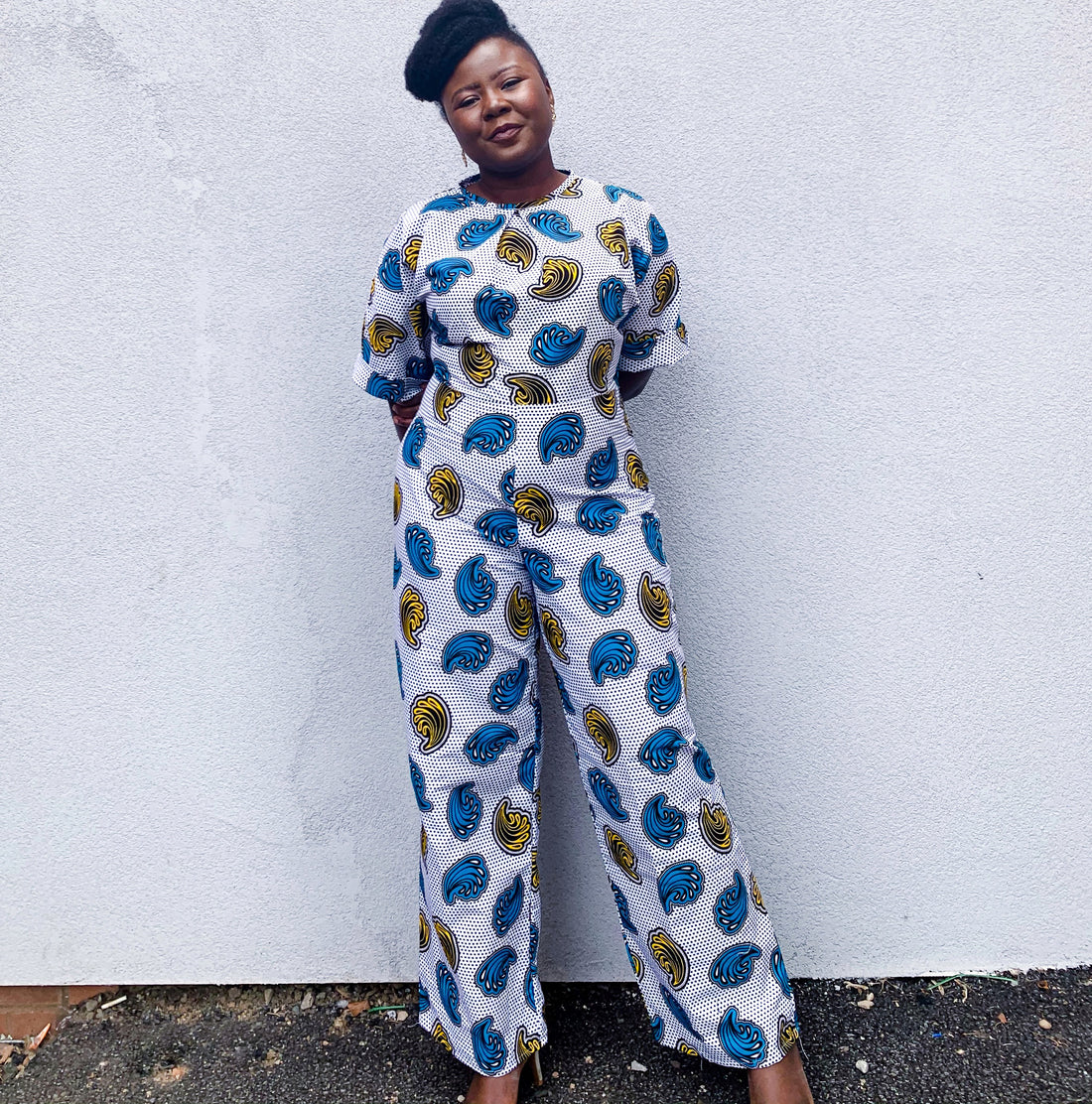 Ruth (thisnovembergurl) wearing the 'Jennifer' jumpsuit crafted with African print fabric from Dovetailed London.