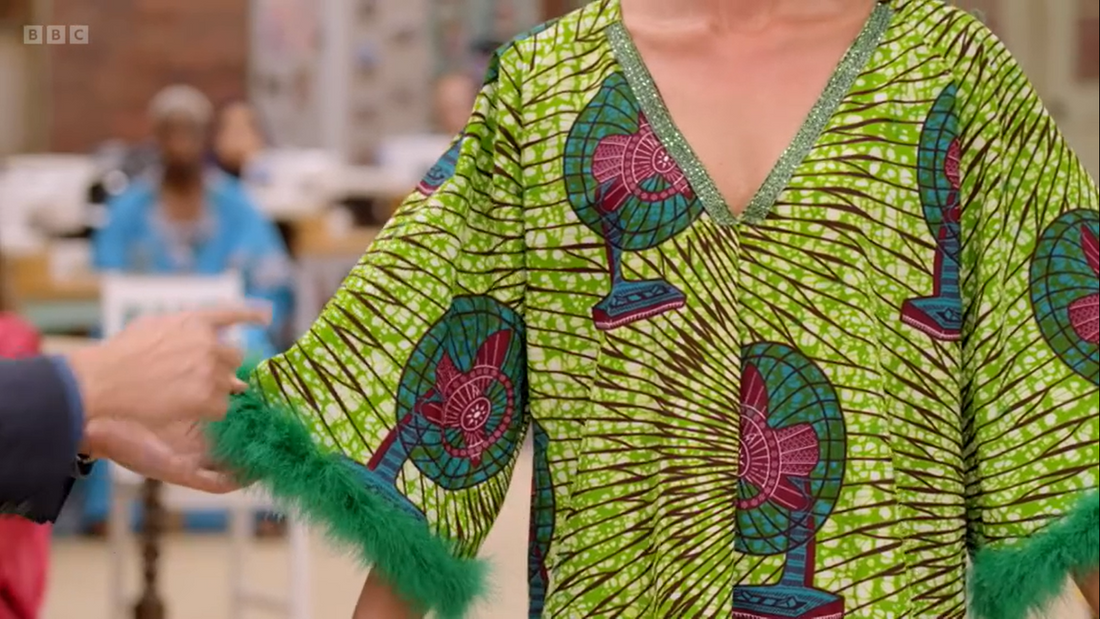 Model wearing a boubou on the Great British Sewing Bee made from fabric from Dovetailed London.