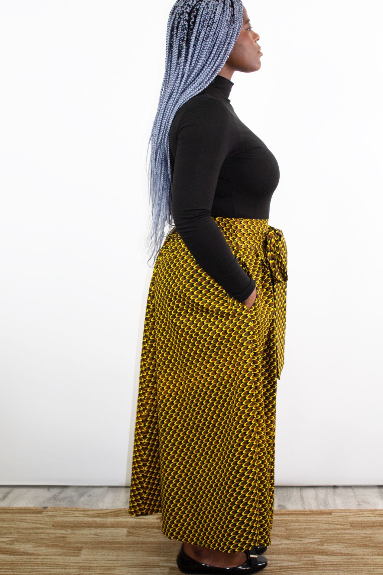 Phoebe Pleated African Print Skirt in Yellow Dovetailed