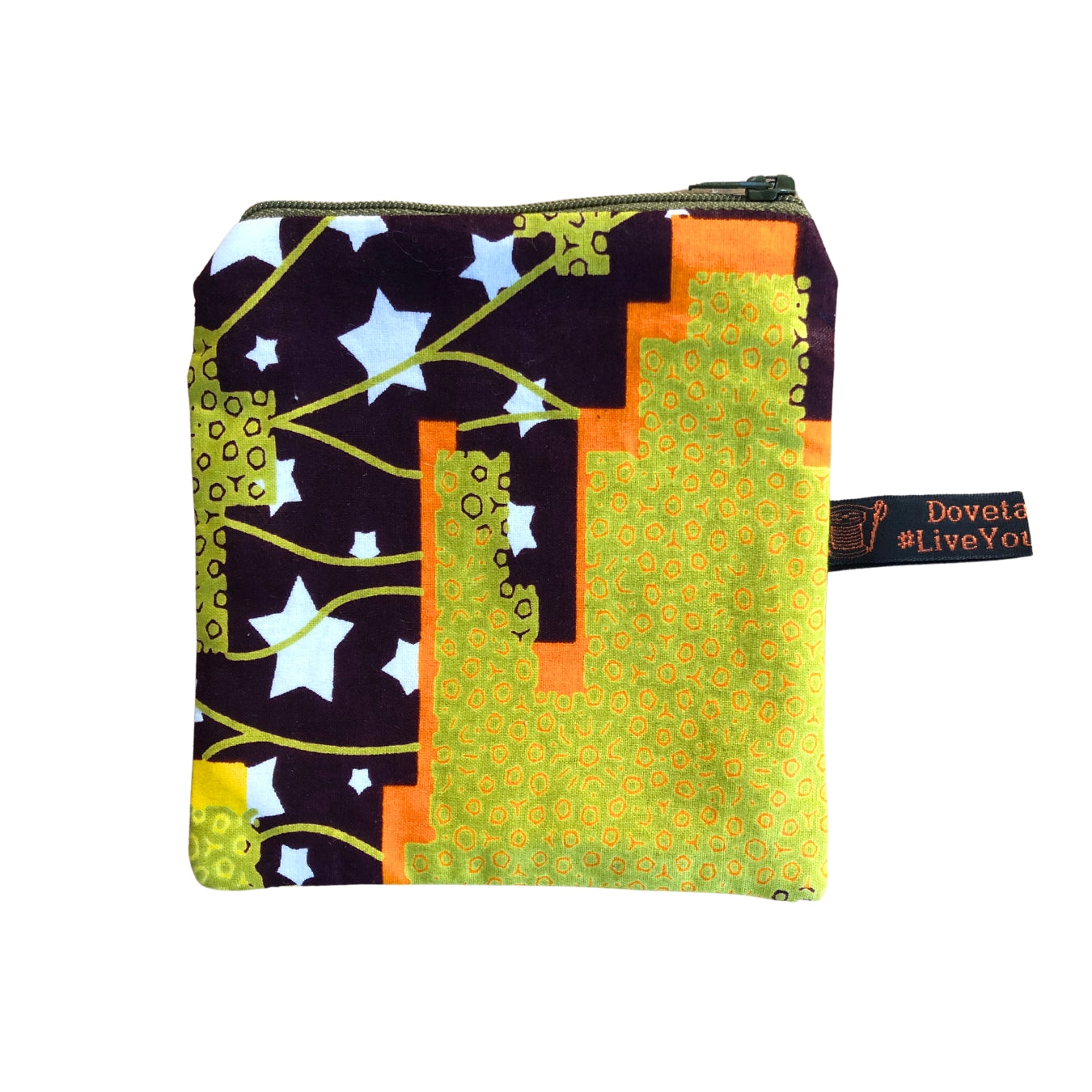A colourful fabric pouch with a zipper on a white background.