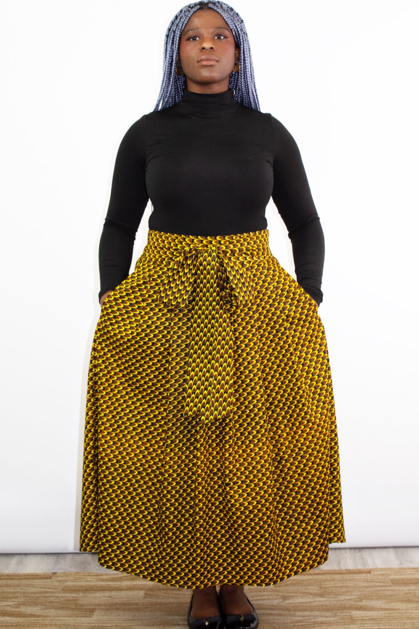 Phoebe Pleated African Print Skirt in Yellow Dovetailed