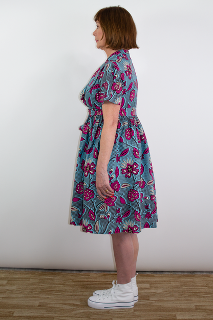 Nneka African Print Pink/Blue Floral Wrap Knee-Length Dress Ankara. (side)