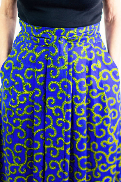 The Ultimate Phoebe Blue African Print Swirly Pleated Maxi Skirt