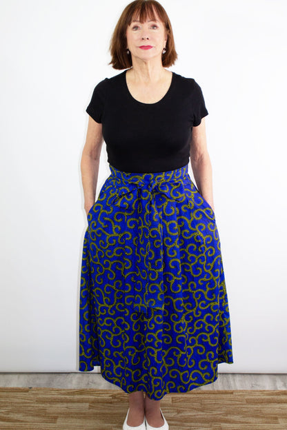 The Ultimate Phoebe Blue African Print Swirly Pleated Maxi Skirt