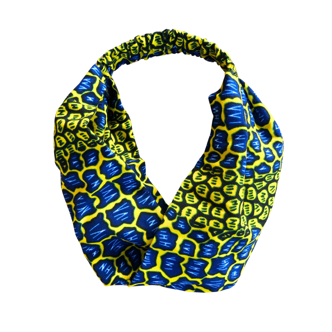 A yellow fabric headband with blue elements on a white plain background.