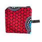 A red and black fabric pouch on a white plain background.