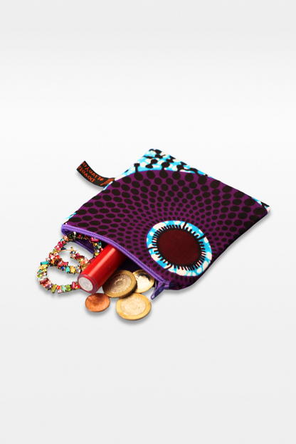 A purple and light blue fabric pouch 